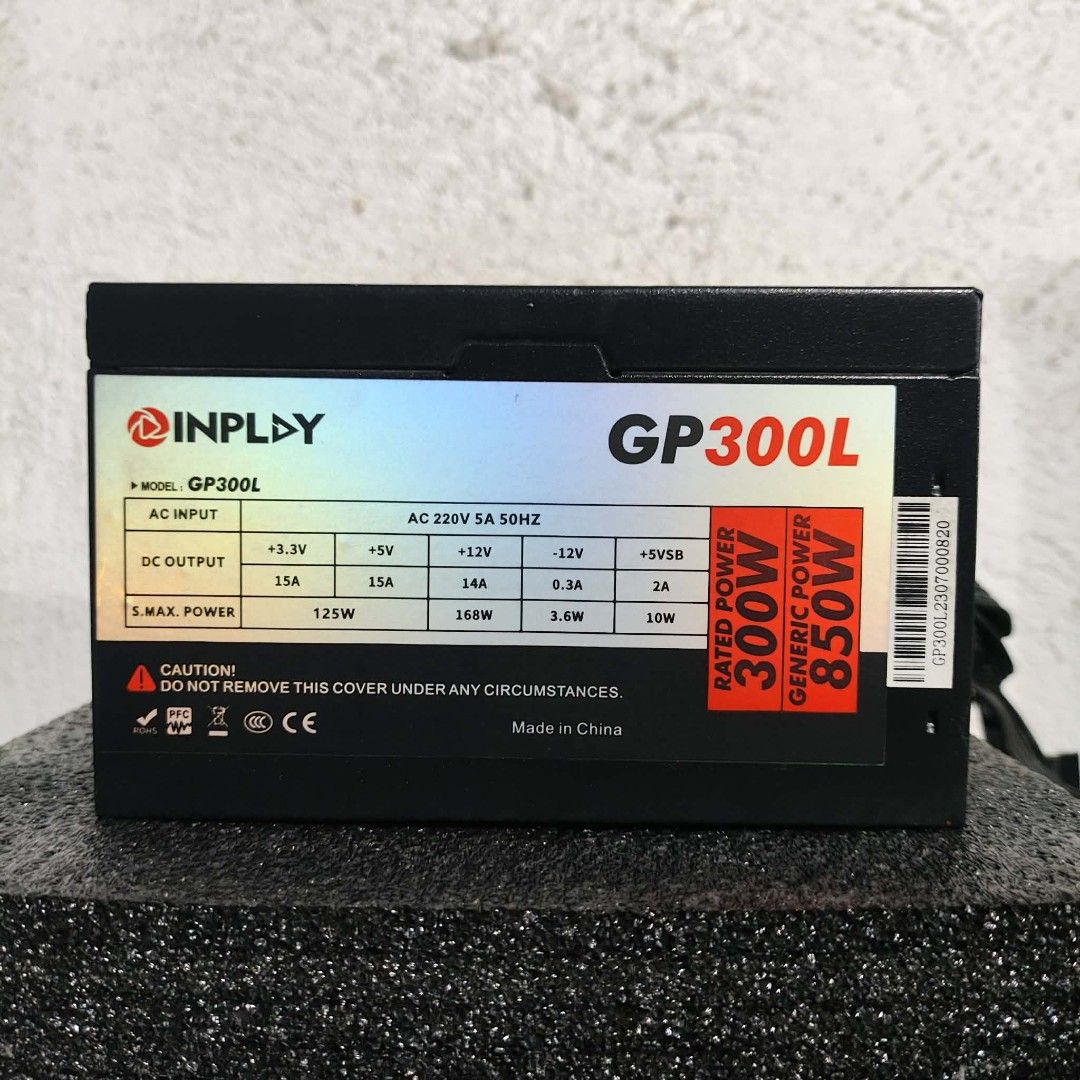 Inplay GP300L Power Supply Unit (Category: Computer Parts) located in Manila. Submitted by ruzz. (Listing ID 1420595772, Image 1). Description: Basic Information - Model: INPLAY GP300L - Rated Power: 300W - AC Input: 220V, 5A, 50Hz - DC Outputs: +3.3V (15A), +5V (15A), +12V (14A), -12V (0.3A), +5VSB (2A) - Compliance: CE and RoHS certified - Origin: Made in China Pros - Affordable option for entry-level or office PC builds - Multiple voltage rail