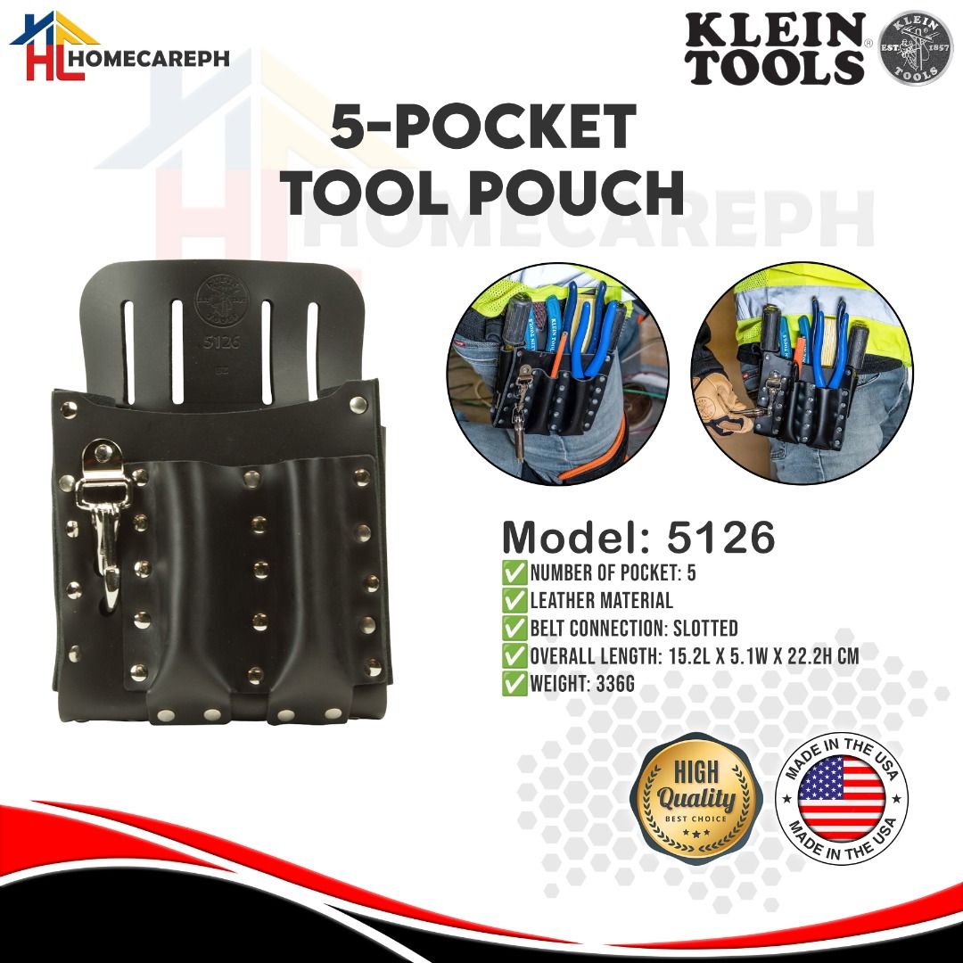 Klein Tools 5-Pocket Tool Pouch 5126 (Category: Construction Tools & Equipment) located in Manila. Submitted by homecareph (Listing ID 1302455085, Image 1). Description: 02-09-2026 ✅For Sale !!! ✅Retail / Wholesale ✅KLEIN TOOLS 5-POCKET TOOL POUCH ✅MODEL: 5126 • Number of Pocket: 5 • Leather Material • Belt Connection: Slotted • Overall Length: 15.2L x 5.1W x 22.2H cm • Weight: 336g ✅100% Original ✅Made in USA ✅Quality Guaranteed ✅For pick-up, ou