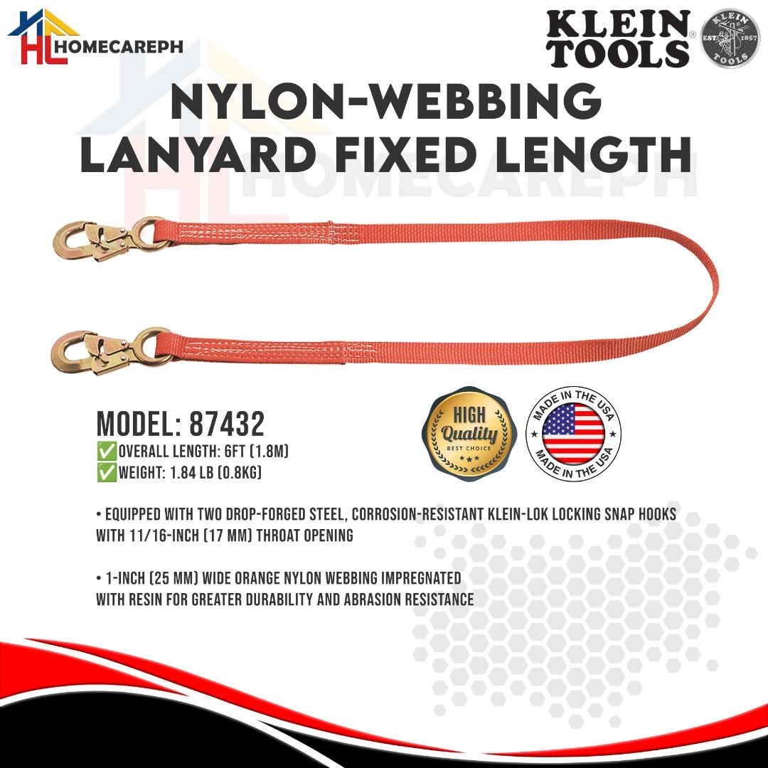 Klein Tools Nylon-Webbing Lanyard Fixed Length 87432 (Category: Construction Tools & Equipment) located in Manila. Submitted by homecareph (Listing ID 1302456985, Image 1). Description: 02-09-2026 ✅For Sale !!! ✅Retail / Wholesale ✅KLEIN TOOLS NYLON-WEBBING LANYARD FIXED LENGTH ✅Model: 87432 • Overall Length: 6ft (1.8m) • Weight: 0.8kg ✅Equipped with two drop-forged steel, corrosion-resistant Klein-Lok locking snap hooks with 11/16-Inch (17 mm) t