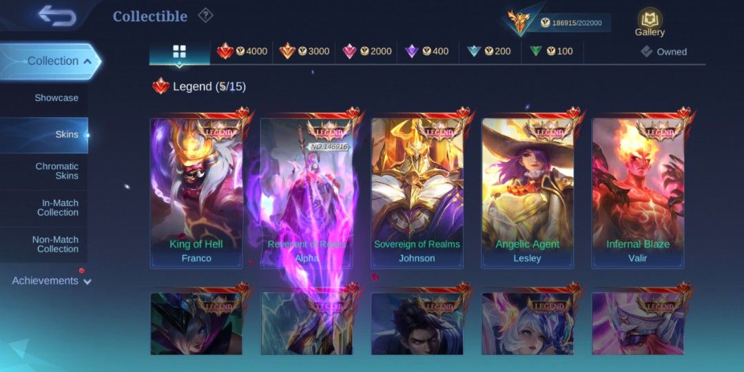 Mega Collector IV Account (Mobile Legends) (Category: Others) located in Manila. Submitted by dbxth (Listing ID 1420720118, Image 3). Description: Unbind all Change moonton account 432 Skins LEGEND SKINS - Revenant of Roses (Alpha) - King of Hell (Franco) - Sovereign of Realms (Johnson) - Angelic Agent (Lesley) - Infernal Blaze (Valir).
