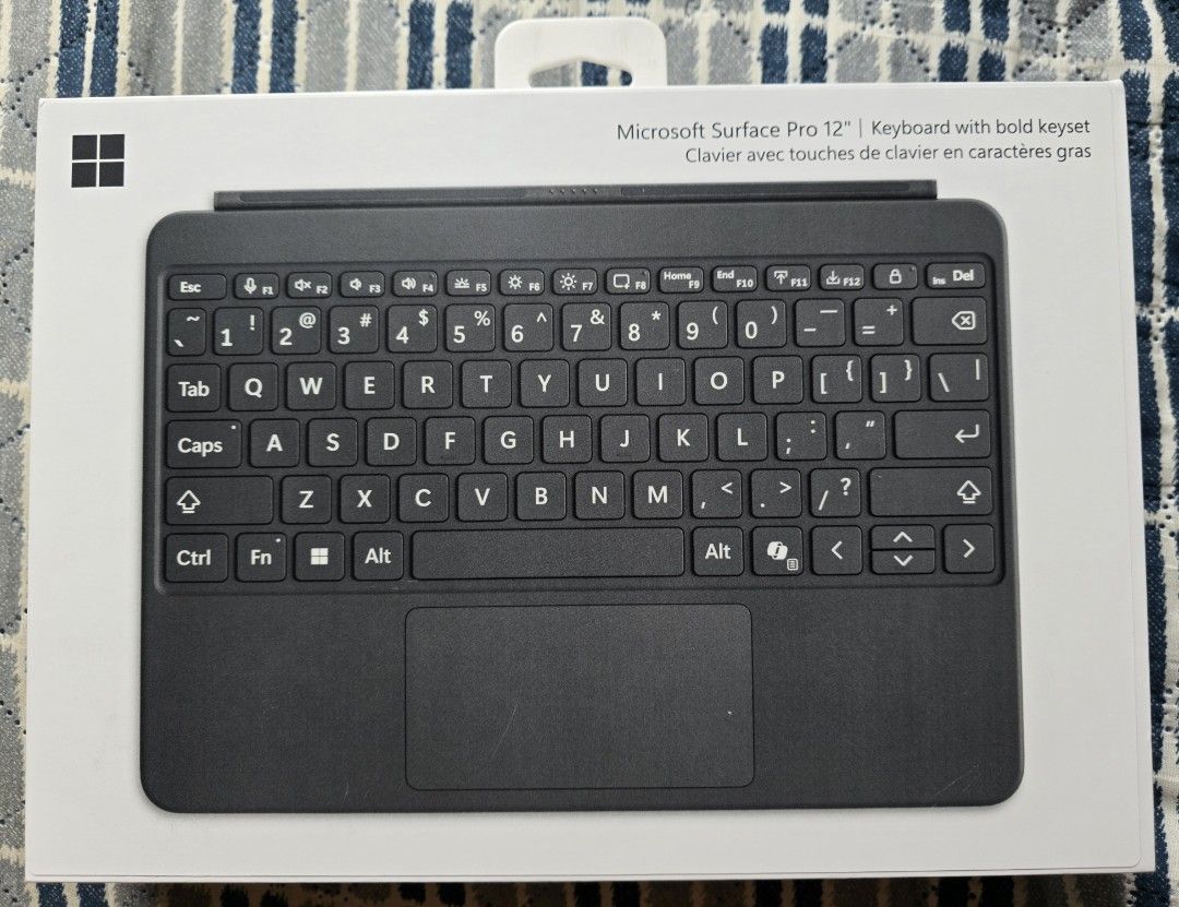 Microsoft Surface Pro 12" Keyboard with bold keyset Alcantara (Category: Computer Keyboard) located in Mandaluyong City. Submitted by rz_briones (Listing ID 1420582412, Image 1). Description: - Microsoft Surface Pro 12" keyboard Alcantara - Bold keyset - Built-in trackpad for precise navigation - Brand new, in original packaging.