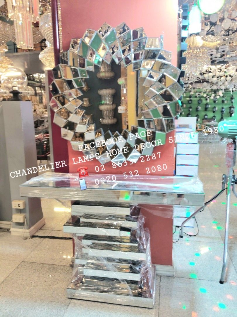 Mirrored Console Table with Decorative Mirror (Category: Tables & Sets) located in Antipolo. Submitted by homelightingtrading (Listing ID 1420745823, Image 1). Description: - Mirrored console table - Unique stacked base design - Includes decorative mirror - Geometric mirror pattern - Ideal for entryways, living rooms, and hallways - Adds a touch of glamour.