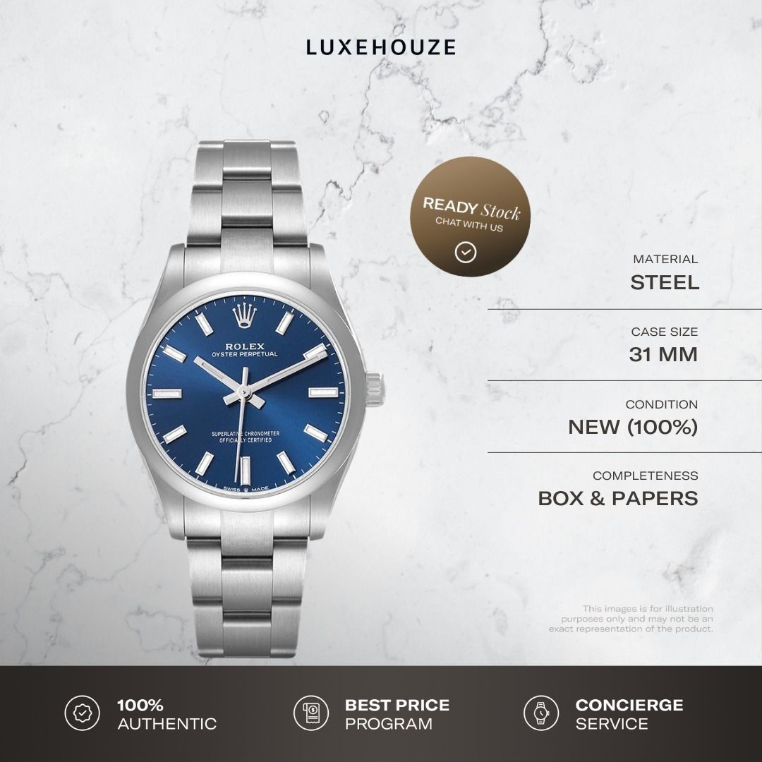 New Jan 2026 Rolex Oyster Perpetual 31 277200 Blue Dial Oyster (Category: Watches) located in Singapore. Submitted by luxehouze (Listing ID 1420034303, Image 1). Description: Luxehouze is your trusted marketplace to buy and sell luxury goods. Luxehouze SG Pte Ltd is a licensed luxury goods marketplace and regulated dealer. WHY US? 100% Authentic with Money-Back Guarantee Best Price Program* Curated Collection * T&Cs apply. OUR SERVICES • Watch Pu