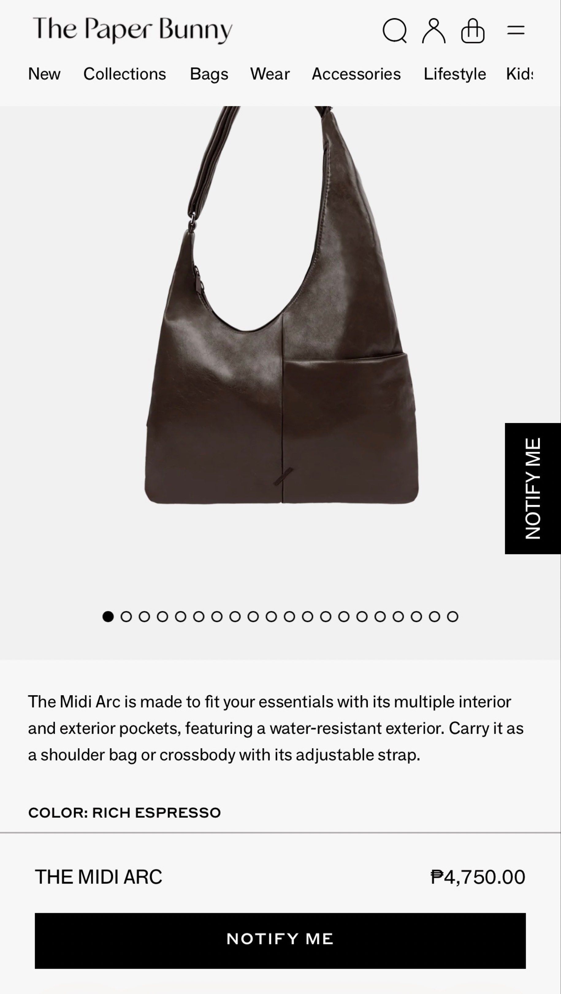 PAPERBUNNY Midi Arc in Rich Espresso (Category: Shoulder Bags) located in Manila. Submitted by calli.d (Listing ID 1420705382, Image 2). Description: Original ! Still comes with its dustbag. Always sold out on site! Can fit 11 inch ipad or Owala 32oz tumbler. Currently sold out on site. Used twice only RFS: Need funds PM for actual pictures! :).