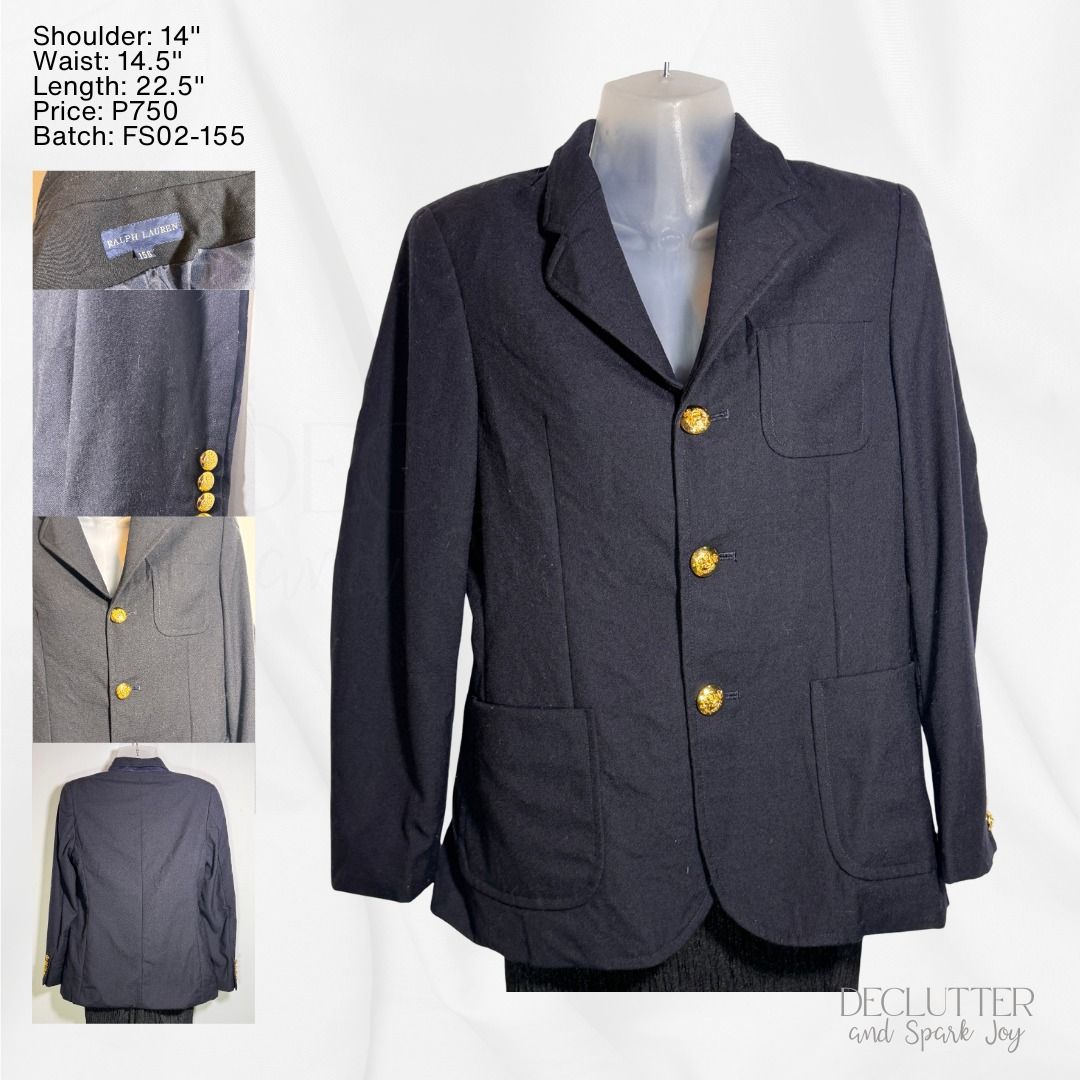 Ralph Lauren Navy Blazer with Gold Buttons (Category: Coats, Jackets and Outerwear) located in Bagabag. Submitted by decluttersparkjoy (Listing ID 1420611601, Image 1). Description: Ralph Lauren Navy Blazer with Gold Buttons Size on tag: 150, can fit S-M Please refer to the photos for flat-lay measurements. The item is authentic and in good condition with no major issues. Please note that it may have been stored for an extended period; washing be