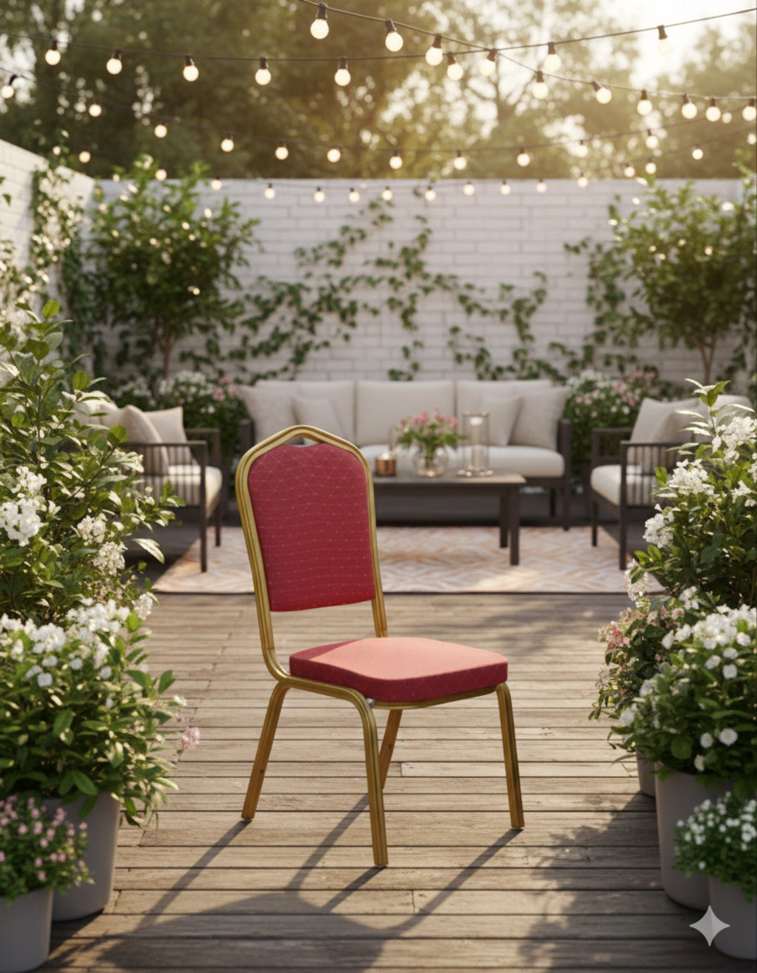 Red Banquet Chair for Dining/Resto/Event (Category: Chairs) located in Manila. Submitted by mry_rfl (Listing ID 1420737449, Image 3). Description: - Elegant banquet chairs - Red upholstered seat and backrest - Gold-colored metal frame - Suitable for events and dining - Classic and versatile design - Durable and comfortable.