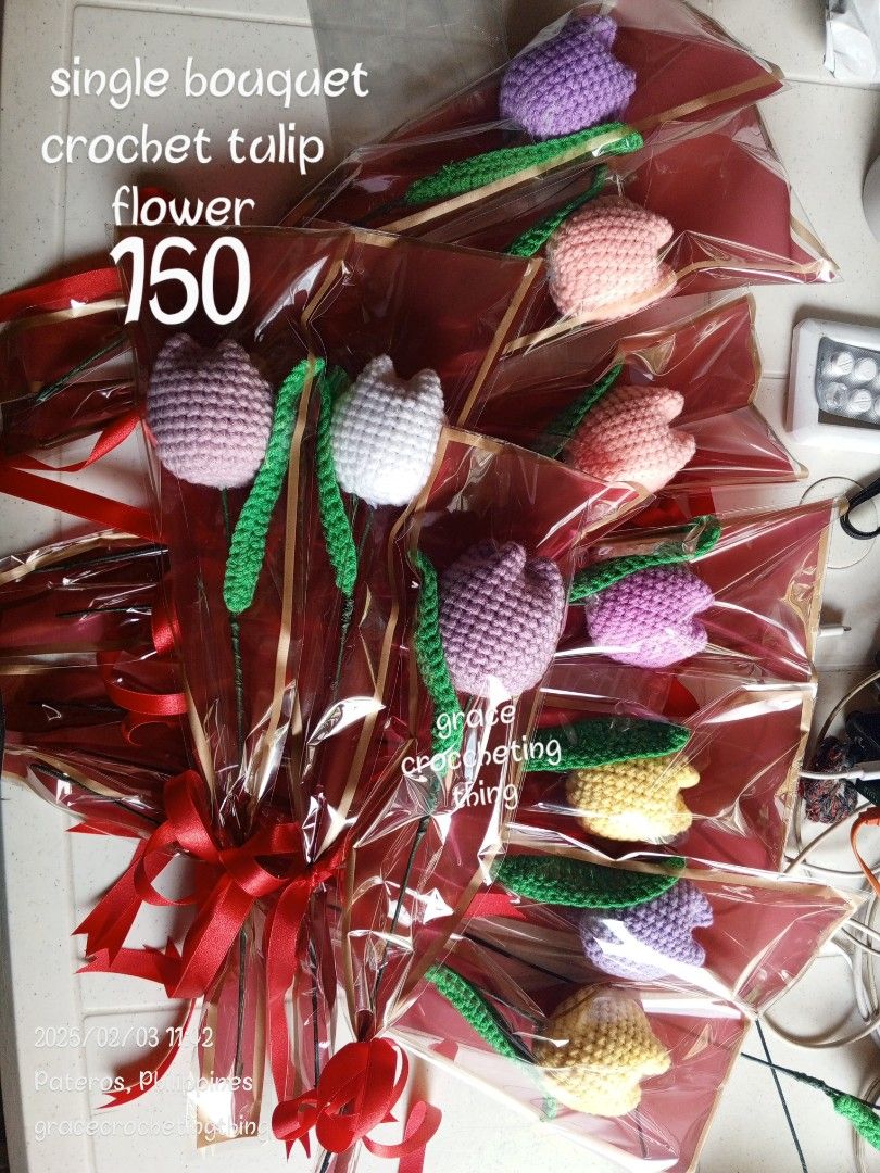 Single Crochet Tulip Flower Bouquet (Category: Flowers & Bouquets) located in Manila. Submitted by gracecrochetingthing (Listing ID 1420672692, Image 1). Description: Handmade single crochet tulip flower bouquet. Each flower is individually wrapped and tied with a ribbon. Available in various colors. Perfect as a gift or for decoration. Price is 150 pesos per bouquet..