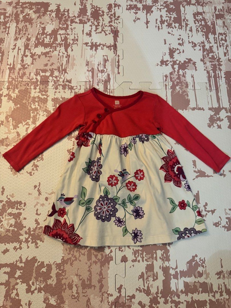 Tea Collection Floral Dress (Category: Babies & Kids Fashion) located in Calamba. Submitted by xhrnn (Listing ID 1420650779, Image 1). Description: - Never worn, just washed - Tea Collection dress - Red long-sleeved top - Cream skirt with floral and bird print - Round neckline - Button detail - Comfortable fit - Soft fabric - Great for everyday wear or special occasions.