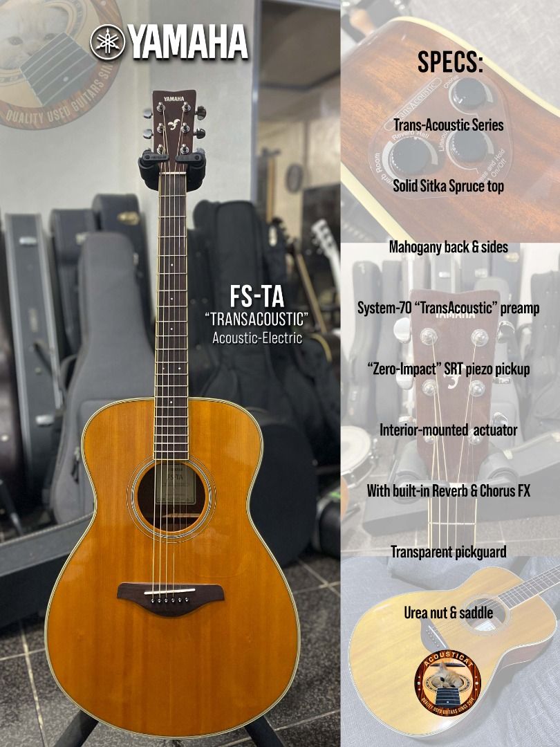Yamaha FS-TA TransAcoustic Guitar (Category: Musical Instruments) located in Manila. Submitted by acousticat (Listing ID 1420728805, Image 1). Description: For Sale / Swap Please Read Location: Tondo, Manila ----------------------------------- Yamaha FS-TA TransAcoustic Guitar 38K ₱38,000 (40K trade value) Almost New! Solid Sitka Spruce top Mahogany back & sides System-70 TransAcoustic preamp Zero-Impact SRT piezo pickup With internal actuator Bu