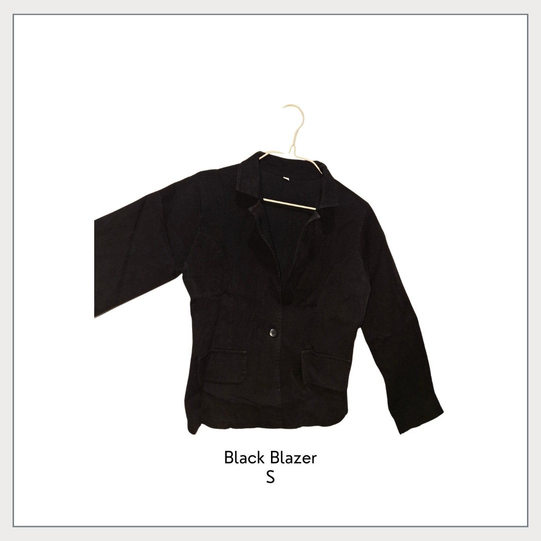Black Blazer (Category: Coats, Jackets and Outerwear) located in Pasig City. Submitted by declutter_with_cha (Listing ID 1424010032, Image 2). Description: - Black blazer, size S - Classic design - Features a collar - Long sleeves - Single-button closure - Suitable for various occasions.