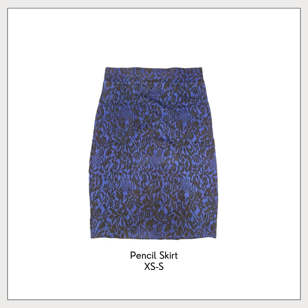 Blue Floral Pencil Skirt (Category: Skirts) located in Pasig City. Submitted by declutter_with_cha (Listing ID 1424007528, Image 1). Description: - Blue pencil skirt with black floral pattern - Size: XS-S - Classic, fitted silhouette - Versatile for various occasions.