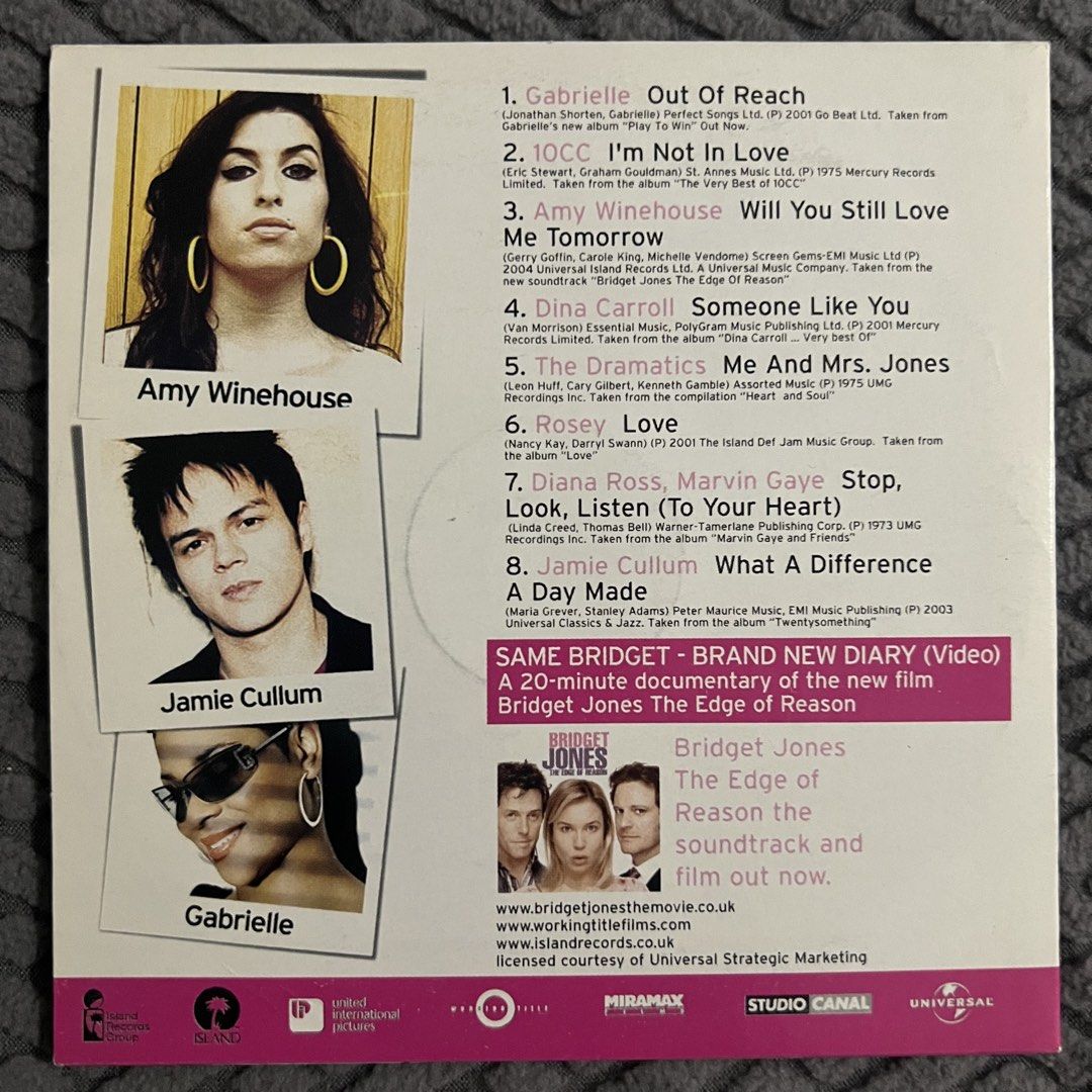 Bridget Jones's Diary Special Edition CD (Category: CDs & DVDs) located in Caloocan City. Submitted by thelittlejewelcase (Listing ID 1424112345, Image 2). Description: - Bridget Jones's Diary Soundtrack CD - Features songs from various artists including Amy Winehouse, Gabrielle, and Diana Ross. - Includes a film feature. - CD case includes tracklist and artist images..