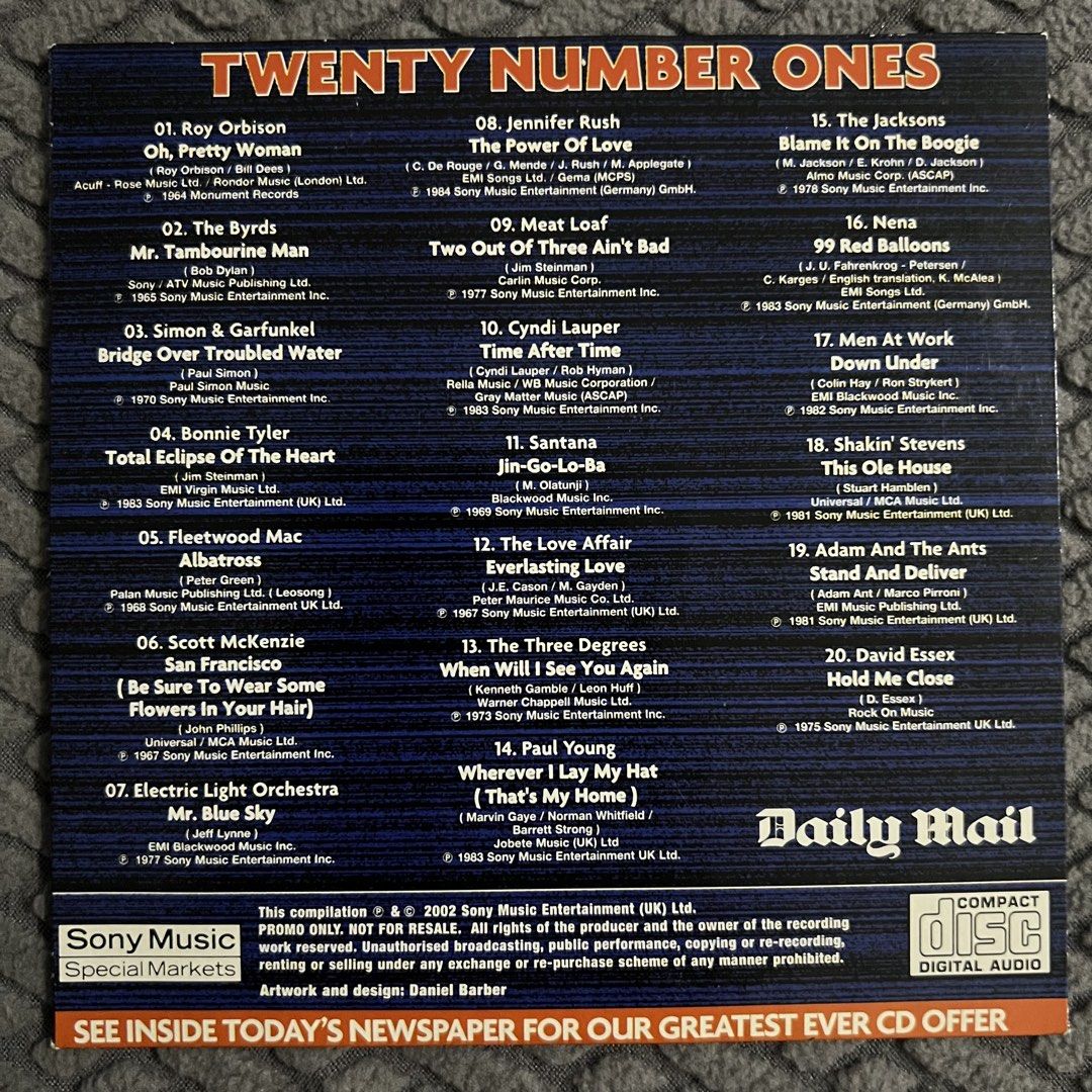 Daily Mail Twenty Number Ones (Category: CDs & DVDs) located in Caloocan City. Submitted by thelittlejewelcase (Listing ID 1424110503, Image 2). Description: - 20 Number One Hits CD - Features artists like Roy Orbison, The Byrds, Simon & Garfunkel, Bonnie Tyler, and Fleetwood Mac - Compilation by Sony Music - Compact Disc Digital Audio (CDDA).
