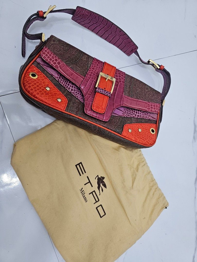 Etro Milano Shoulder Bag with Wallet (Category: Luxury Bags & Wallets) located in Las Pinas. Submitted by vanpru (Listing ID 1424142369, Image 1). Description: Etro shoulder bag With dustbag and wallet Very good condition, minimal sign of use - Etro Milano shoulder bag and matching wallet - Features a brown paisley pattern with red and purple accents - Shoulder bag with buckle closure and shoulder strap - Interior lined with purple fabric - Inclu