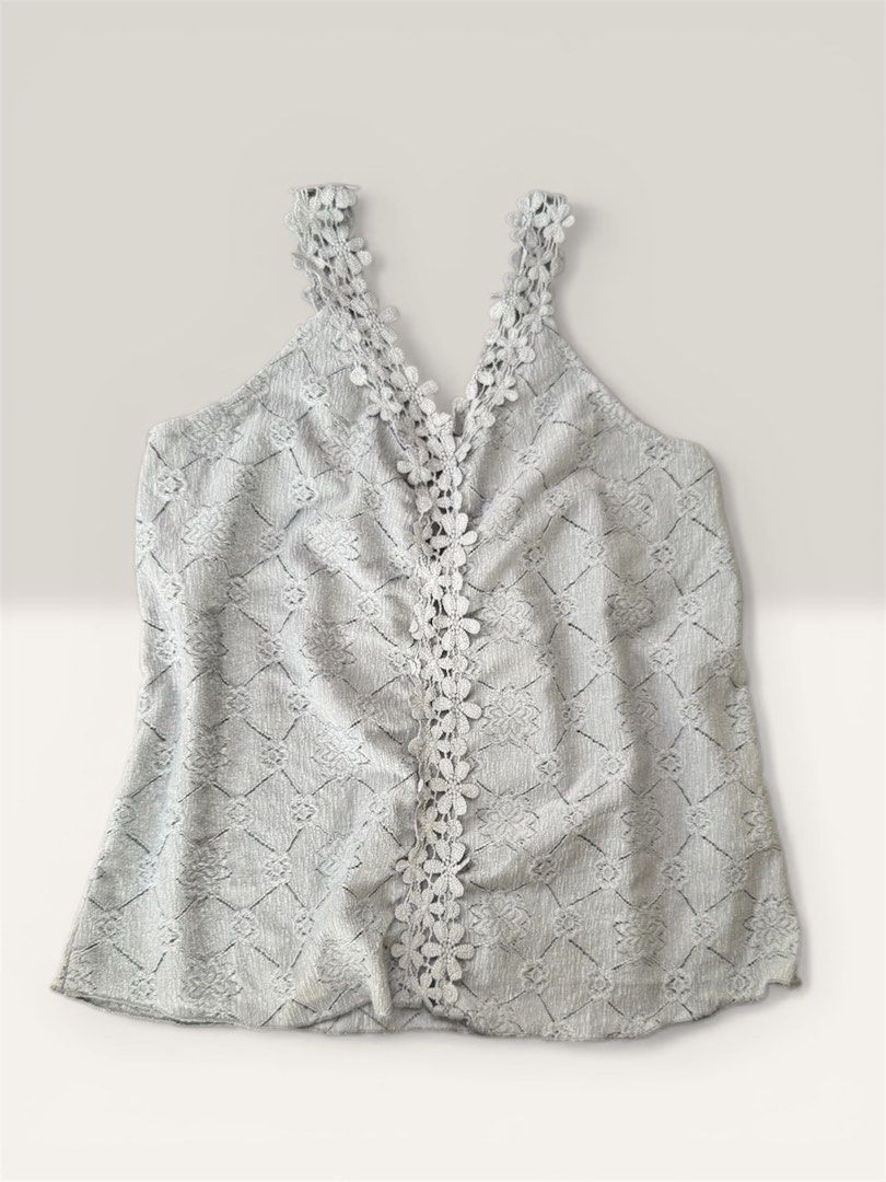 Floral Lace Tank Top (Category: Sleeveless) located in Marikina City. Submitted by peppermint101 (Listing ID 1424097397, Image 1). Description: - Floral lace tank top - V-neck design - Floral detailing on straps and center - Light, textured fabric - Slightly scalloped hem - Versatile for casual or dressed-up looks - Medium on tag.