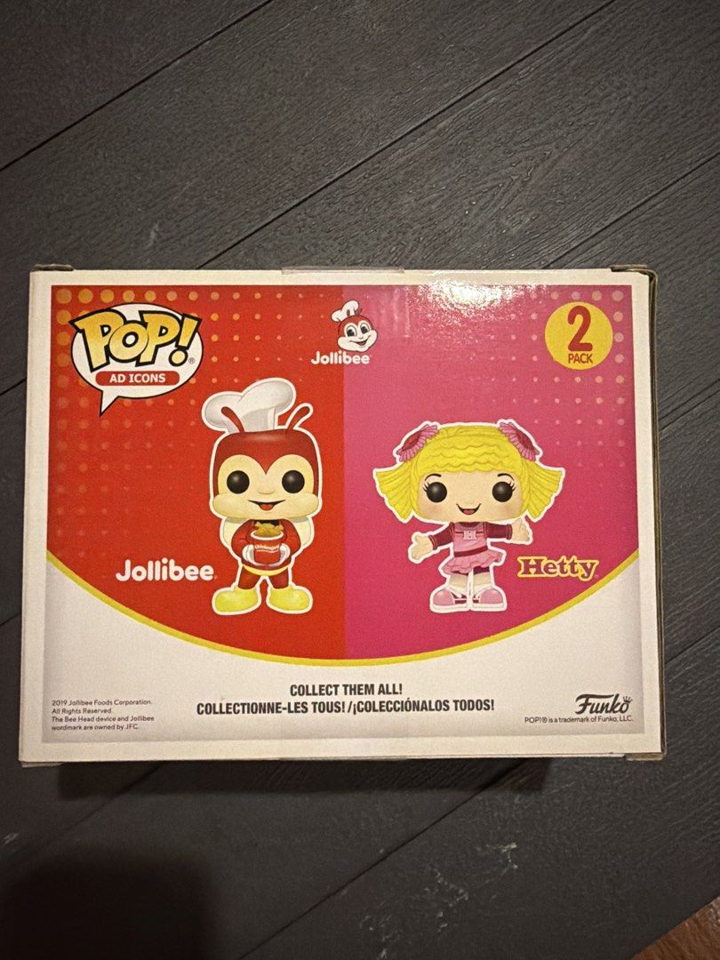 Funko Pop! Ad Icons Jollibee & Hetty Spaghetti 2-Pack (Category: Designer & Blind Box Toys) located in San Juan City. Submitted by amnci (Listing ID 1424144327, Image 3). Description: - Funko Pop! 2-pack featuring Jollibee and Hetty Spaghetti. - From the Ad Icons series. - Figures come in their original packaging. - Jollibee holds a bowl, Hetty in her pink outfit. - Target exclusive..