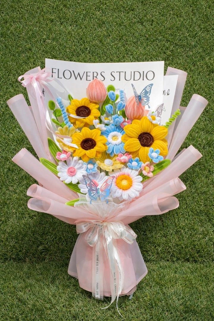 Handmade large Sunflower Bouquet (Category: Flowers & Bouquets) located in Las Pinas. Submitted by thrifty_style (Listing ID 1424086631, Image 1). Description: Beautiful handmade bouquet featuring sunflowers, daisies, and other colorful flowers. Wrapped in pink paper and tied with a ribbon. Perfect for gifting or as a decorative piece. The bouquet includes butterfly accents for added charm..