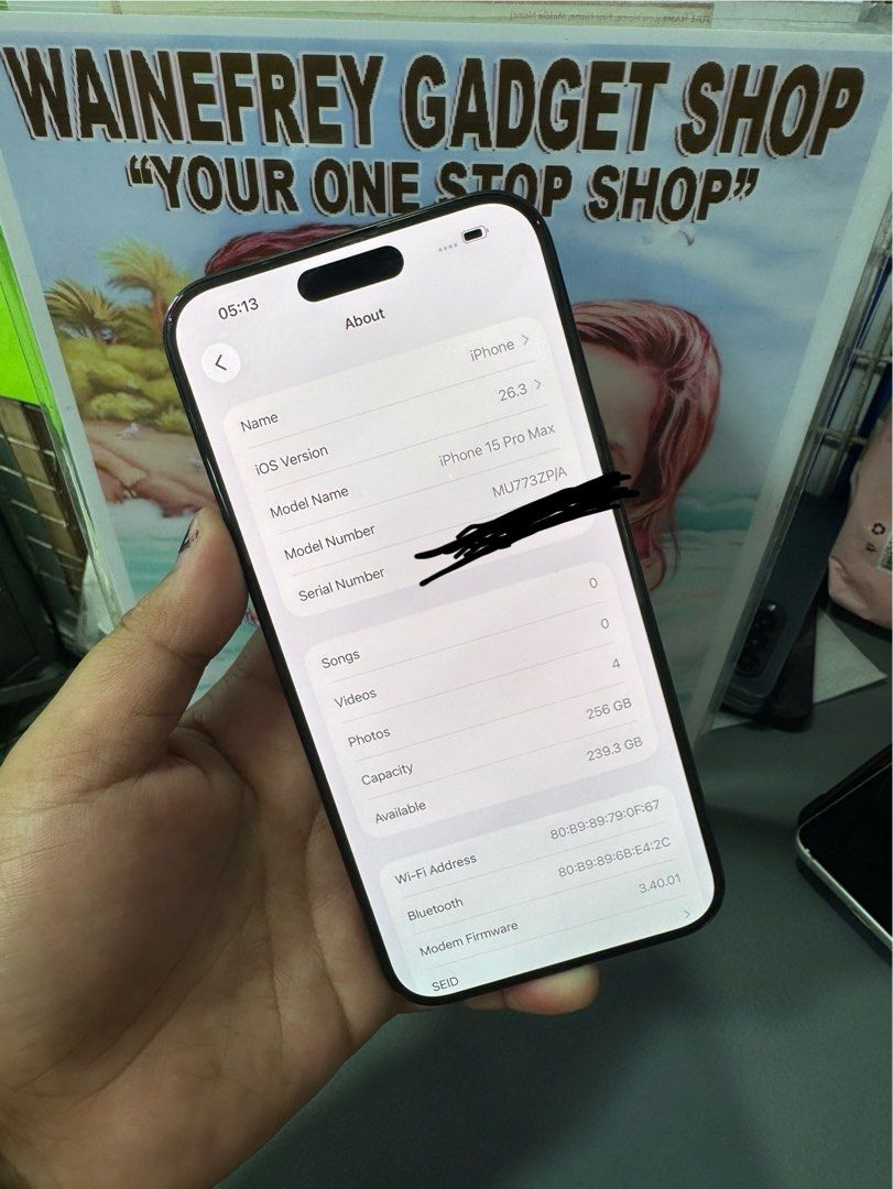 iPhone 15 Promax (Category: iPhone 15 Series) located in San Juan City. Submitted by wainefreygadgetshop (Listing ID 1424143641, Image 2). Description: iPhone 15 Promax 256gb (F.U) ALL GOODS AT WORKING NO HIDDEN ISSUE MAY FACE I.D , MAY TRUETONE READY TO USE UNLI RESET 97%SMOOTH 97%% Battery health Honest issue (ilalagay sa note pag meron para aware ka) NOTE*MAY MGA MINIMAL DENTS PO NORMAL NAPO YAN SA 2ndhand di naman nakaka apekto sa smooth perf