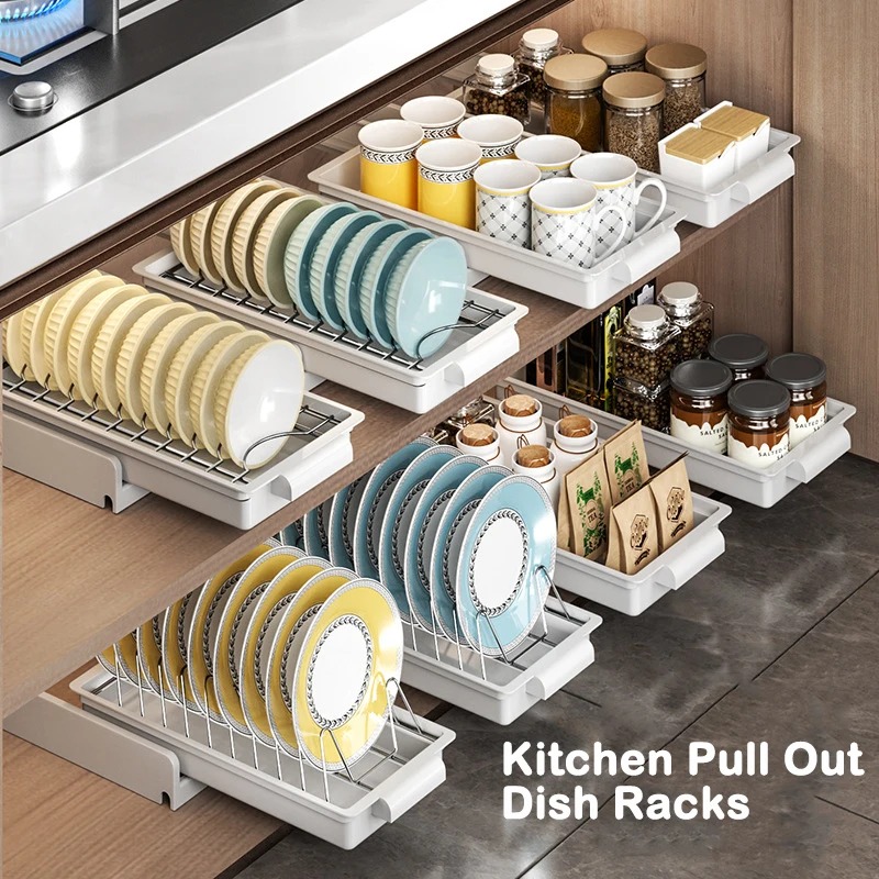 Kitchen Pull Out Dish Racks With Drainboard Drawer Storage Sliding Mesh ...