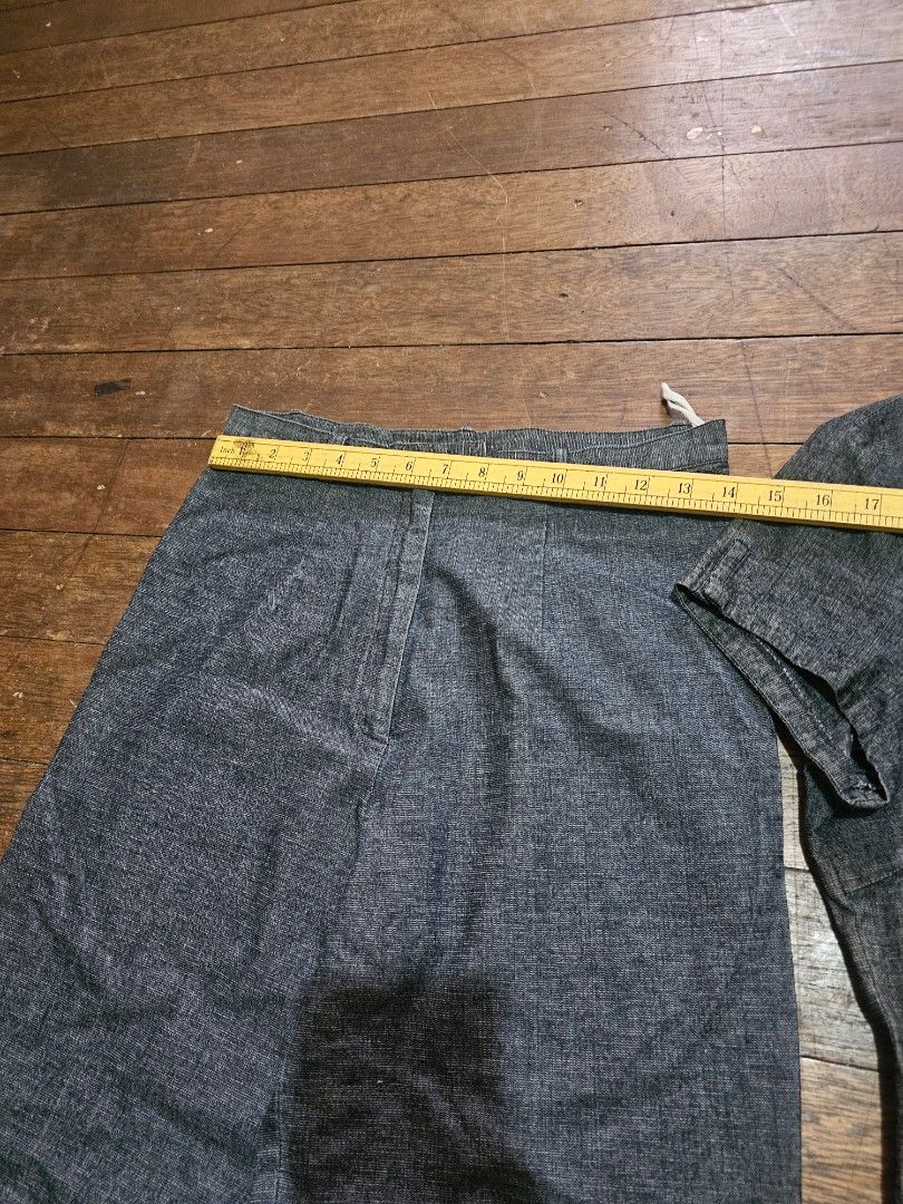 Laviola coordinates pants blouse denim Gray Outfit (Category: Sets or Coordinates) located in Manila. Submitted by onlinesmartshopping12 (Listing ID 1423995083, Image 2). Description: - Gray button-up shirt with ruffled detail - Matching straight-leg pants -no issues - Textured fabric - Brand tag visible - Measurements provided in photos -pants 28 inch or medium -blouse size xl -all details posted .