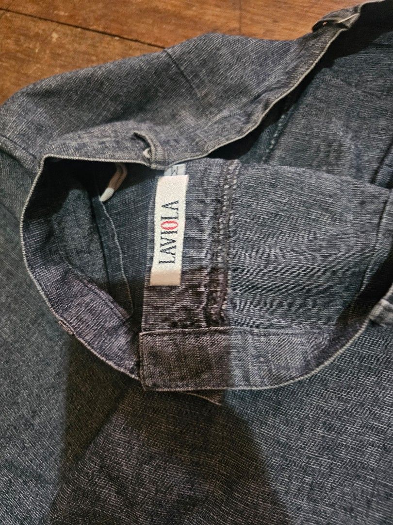Laviola coordinates pants blouse denim Gray Outfit (Category: Sets or Coordinates) located in Manila. Submitted by onlinesmartshopping12 (Listing ID 1423995083, Image 3). Description: - Gray button-up shirt with ruffled detail - Matching straight-leg pants -no issues - Textured fabric - Brand tag visible - Measurements provided in photos -pants 28 inch or medium -blouse size xl -all details posted .