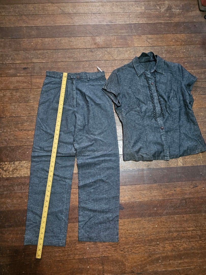 Laviola coordinates pants blouse denim Gray Outfit (Category: Sets or Coordinates) located in Manila. Submitted by onlinesmartshopping12 (Listing ID 1423995083, Image 1). Description: - Gray button-up shirt with ruffled detail - Matching straight-leg pants -no issues - Textured fabric - Brand tag visible - Measurements provided in photos -pants 28 inch or medium -blouse size xl -all details posted .