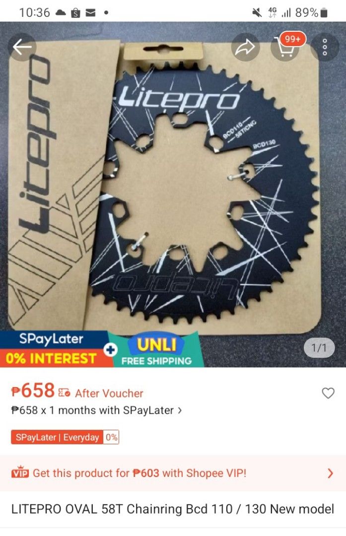 Litepro Oval 58T Chainring BCD 110/130 (Category: Bicycles) located in Calamba. Submitted by alexa_marie (Listing ID 1424135844, Image 1). Description: - Brand new Litepro Oval 58T chainring - Color: Black - Compatible with BCD 110/130 - Ready for purchase!.