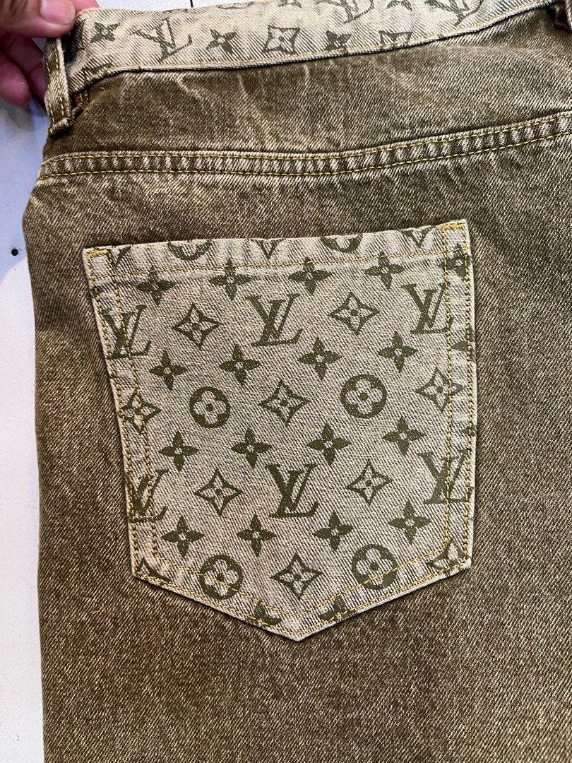 Louis Vuitton Monogram Jeans L676# Size 36 (Category: Jeans) located in Antipolo. Submitted by _lprpnzz (Listing ID 1424055814, Image 3). Description: Authentic Louis Vuitton jeans featuring the iconic monogram pattern on the back pockets and waistband. The jeans have a straight leg cut and a button closure with the Louis Vuitton logo. The size is 36. The jeans have a unique olive green color..