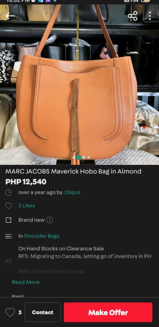 Marc Jacobs Maverick Hobo Leather Bag (authentic) (Category: Luxury Bags & Wallets) located in Cebu City. Submitted by westleygics18 (Listing ID 1424103459, Image 2). Description: Marc Jacobs Maverick Hobo Leather Bag (authentic) Excellent to New Condition Actual Pictures Posted Dm.
