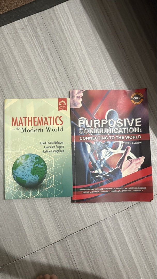 Mathematics in modern world | Purposive communication (Category: Textbooks) located in Manila. Submitted by tatisdeclutters (Listing ID 1424092518, Image 1). Description: - Mathematics in modern world | 250 ₱ - Purposive communication | 180 ₱ - No damage/ no missing pages.