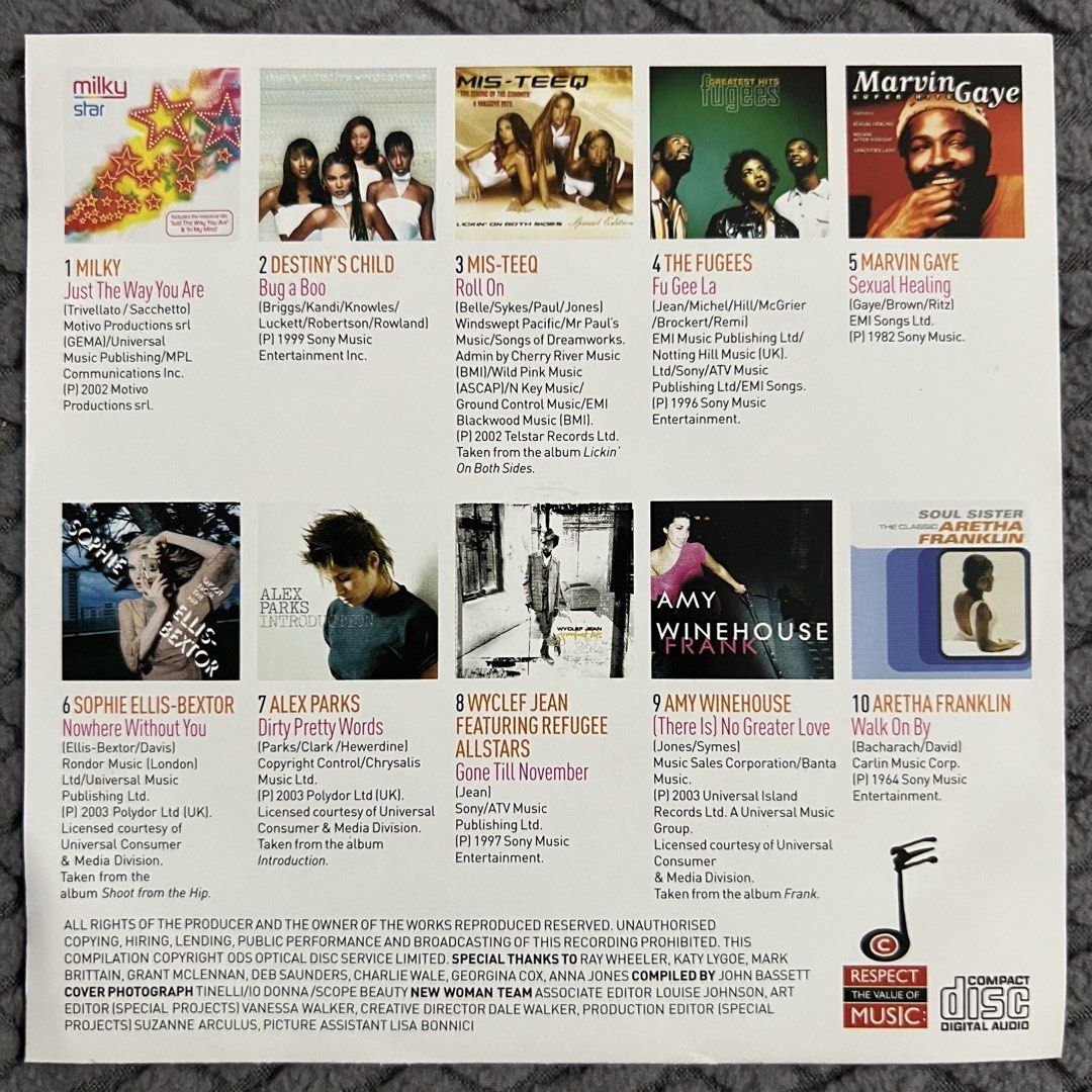 New Woman Compilation (Category: CDs & DVDs) located in Caloocan City. Submitted by thelittlejewelcase (Listing ID 1424109490, Image 2). Description: - 10-track CD compilation - Features artists: Destiny's Child, Mis-Teeq, Alex Parks, Amy Winehouse, Sophie Ellis-Bextor, The Fugees, Marvin Gaye, Aretha Franklin - Includes songs: "Bug a Boo", "Roll On", "There Is No Greater Love", and more..