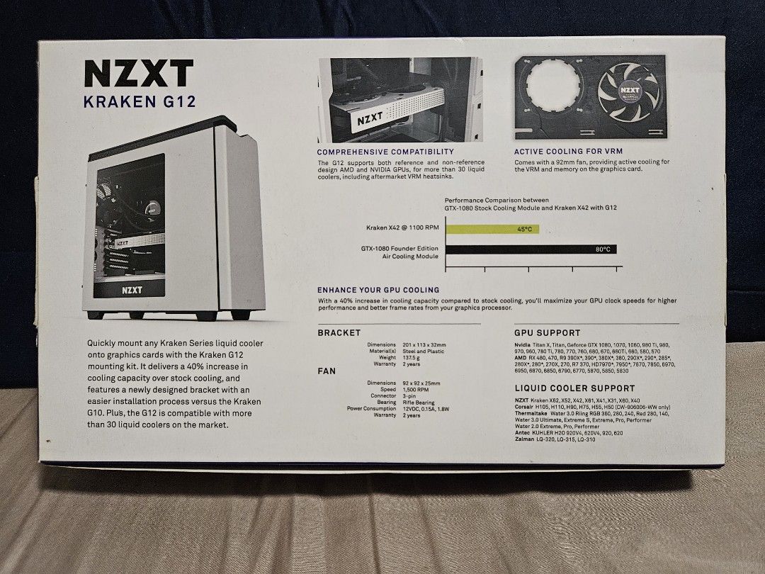 NZXT Kraken G12 GPU Mounting Kit (Category: Computer Parts) located in Manila. Submitted by chavezychavez (Listing ID 1424064615, Image 2). Description: I'm selling my unused Kraken G12. I bought this as a spare for my 1080ti but once I sold that and upgraded my GPU this became useless for me. I originally paid 2k for this and I'm selling this at a loss. It's basically old stock as this product is discontinued but it's practically in its box bran