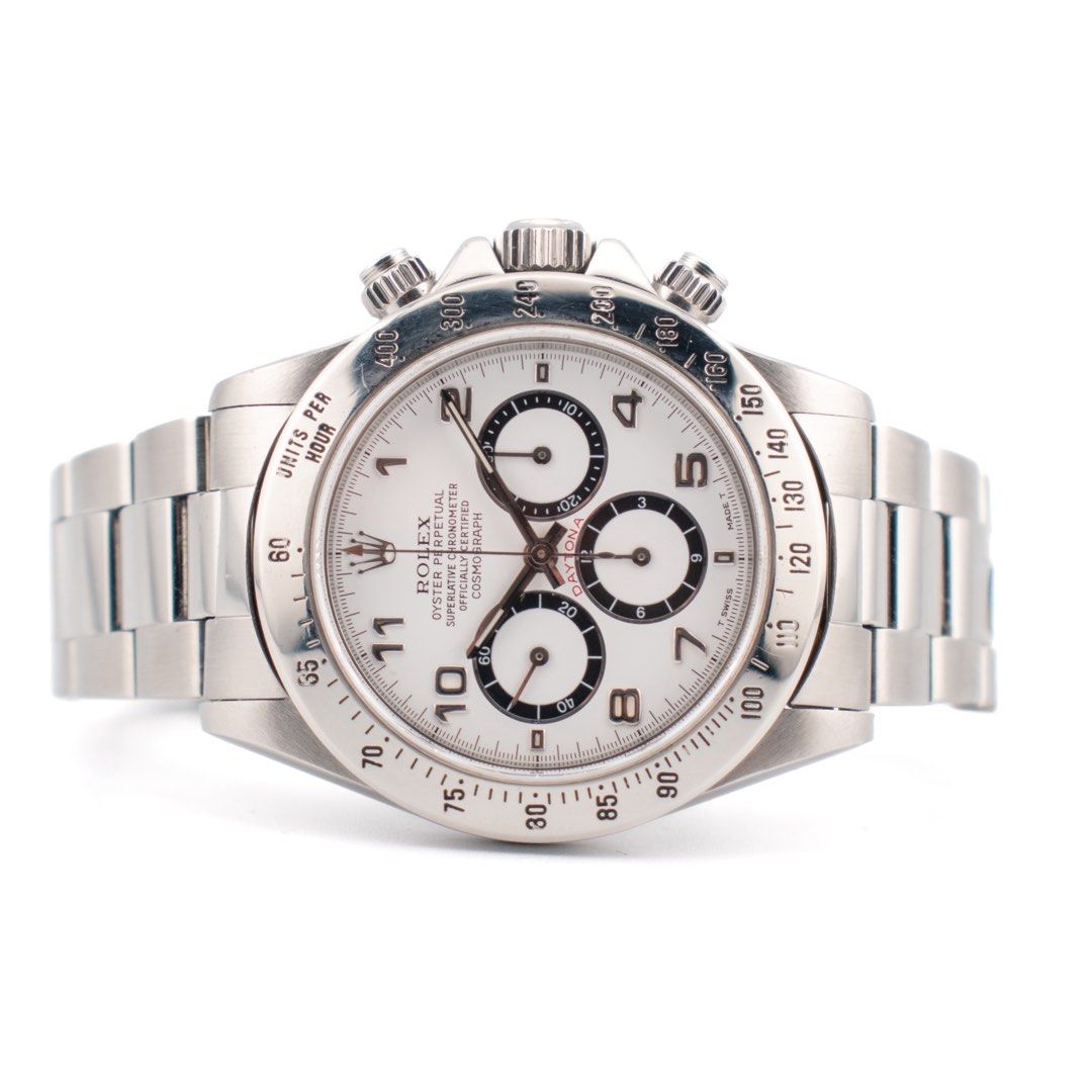 PROTOTYPE Arabic Dial Full Set Rolex Daytona Zenith Ref. 16520 White Dial (Category: Watches) located in Singapore. Submitted by singapurawatches (Listing ID 1424090749, Image 1). Description: Rolex Daytona Zenith Ref. 16520 White Prototype Arabic Dial Year 1996 Diameter: 40mm Original box: yes Original papers: yes Never released to the public and produced in extremely limited quantities, with only a small handful known to exist worldwide, this d