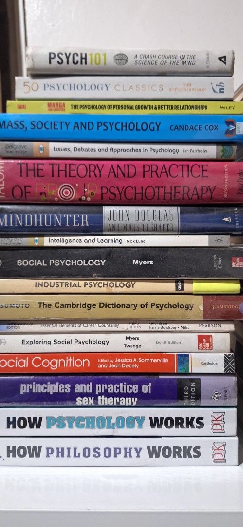 Psychology Books Collection (Category: Textbooks) located in San Fernando. Submitted by paige-faive-books-comics-toys (Listing ID 1424160142, Image 1). Description: - Psychology book collection. - Titles include: PSYCH 101, 50 Psychology Classics, The Theory and Practice of Psychotherapy Mindhunter, Social Psychology, and How Psychology Works. - Covers various psychology topics. - Suitable for students and anyone interested in psychology. - Autho