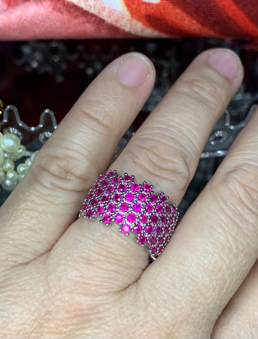 Six Row Real Ruby Ring (UV Reactive) (Category: Rings) located in Batangas. Submitted by thriftshop_izy15 (Listing ID 1424072771, Image 1). Description: - Stunning ring with real ruby stones - Unique stone arrangement for a dazzling effect - Silver-colored metal - A great addition to your jewelry collection - Size: Fits 6- 6.5 (Adjustable).