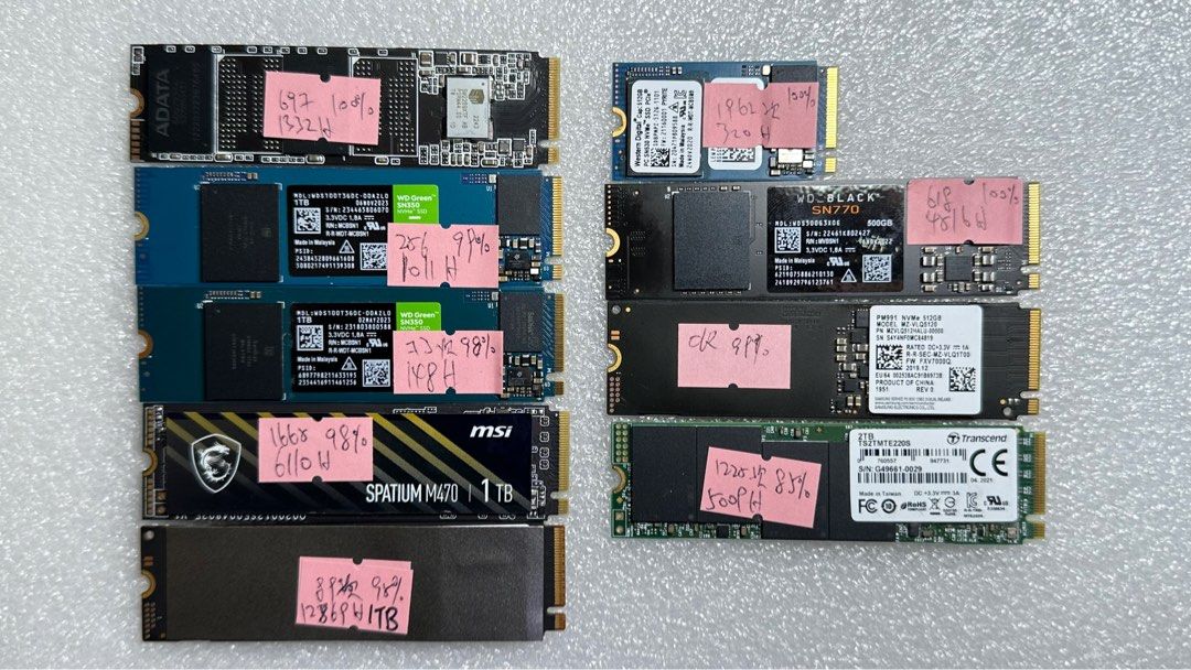 二手測試好SSD WD SN530 SN350 SN770 SAMSUNG 三星 PM991 PM991A ADATA LEGEND 850 1TB MSI M470 1TB TRANSCEND 220S NVME PCIE (非sata hdd 硬碟 硬盤 （分類：硬碟及儲存器）位於 Hong Kong。 由 jkit.onlinestore 提交（商品編號 1424157480，圖片 2）。簡介： ADATA LEGEND 850 1TB $800 (通電1332小時,697次,健康100%) WD SN350 1TB $750 (通電1011小時,256次,健康99%) WD SN350 1TB $750 (通電148小時,73次,健康98%) MSI M470 1TB $750 (通電6110小時,1665次,健康98%) SAMSUNG PM991a 1TB $750(通電12869小時,89次,健康95%) WD SN530 512GB 已售 (通電320小時,1962次,健