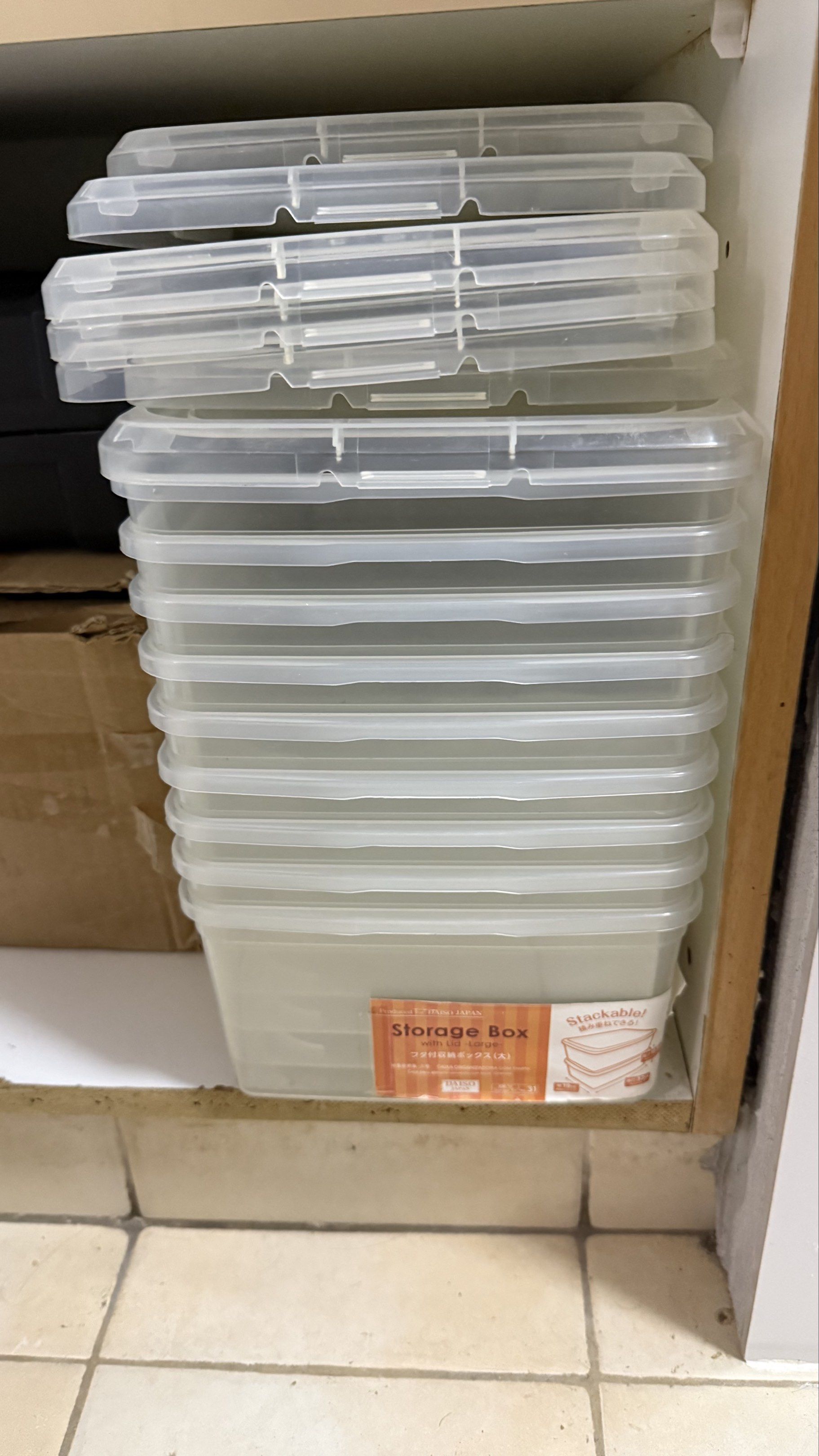 Stackable Storage Boxes with Lids-daiso (Category: Storage Boxes & Baskets) located in Singapore. Submitted by linnike (Listing ID 1424151587, Image 1). Description: Take all 8 pcs for $5 Size 16*29*9.5.