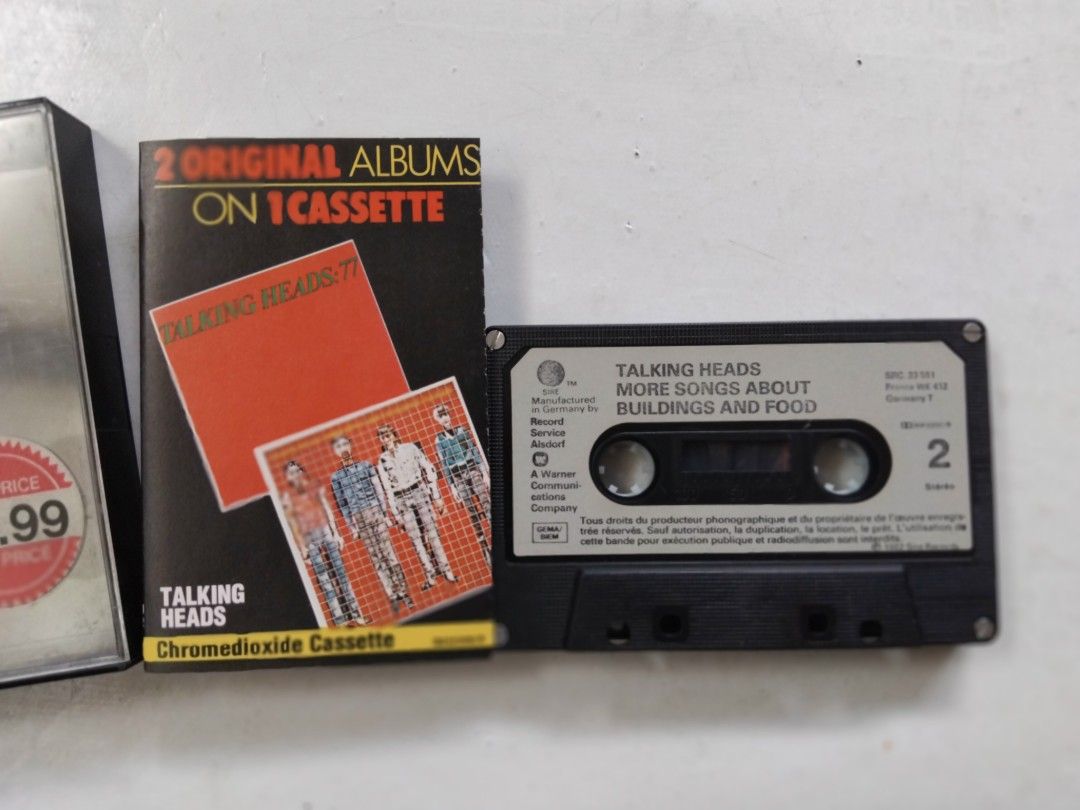Talking Heads Cassette Tape Bundle (Category: CDs & DVDs) located in Makati City. Submitted by KAMUSIKATAYO (Listing ID 1423895410, Image 2). Description: Bundle of two Talking Heads cassette tapes. One tape features "2 Original Albums on 1 Cassette" including "Talking Heads '77" and "More Songs About Buildings and Food". The other tape is "Speaking in Tongues" and contains extended versions of five songs. Both are Chromedioxide Cassettes..