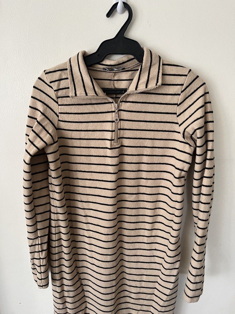 Trendyol Striped Dress with Collar (Category: Dresses) located in Taguig. Submitted by luxe_rewind (Listing ID 1424043725, Image 1). Description: - Collared neckline - Zipper closure - Long sleeves - Striped pattern (beige and black) - Ribbed fabric - Midi length.