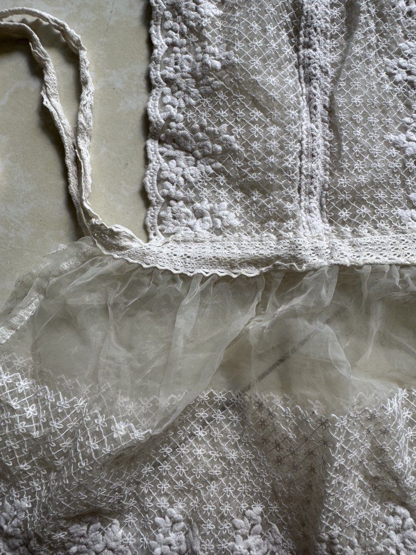 White Crochet Apron (Category: Coats, Jackets and Outerwear) located in Quezon City. Submitted by shndm25 (Listing ID 1424040690, Image 3). Description: - Delicate white crochet apron - Sheer, ruffled bottom - Adjustable straps - Waist ties - Floral crochet pattern - Perfect for kitchen or crafts - Adds vintage charm.