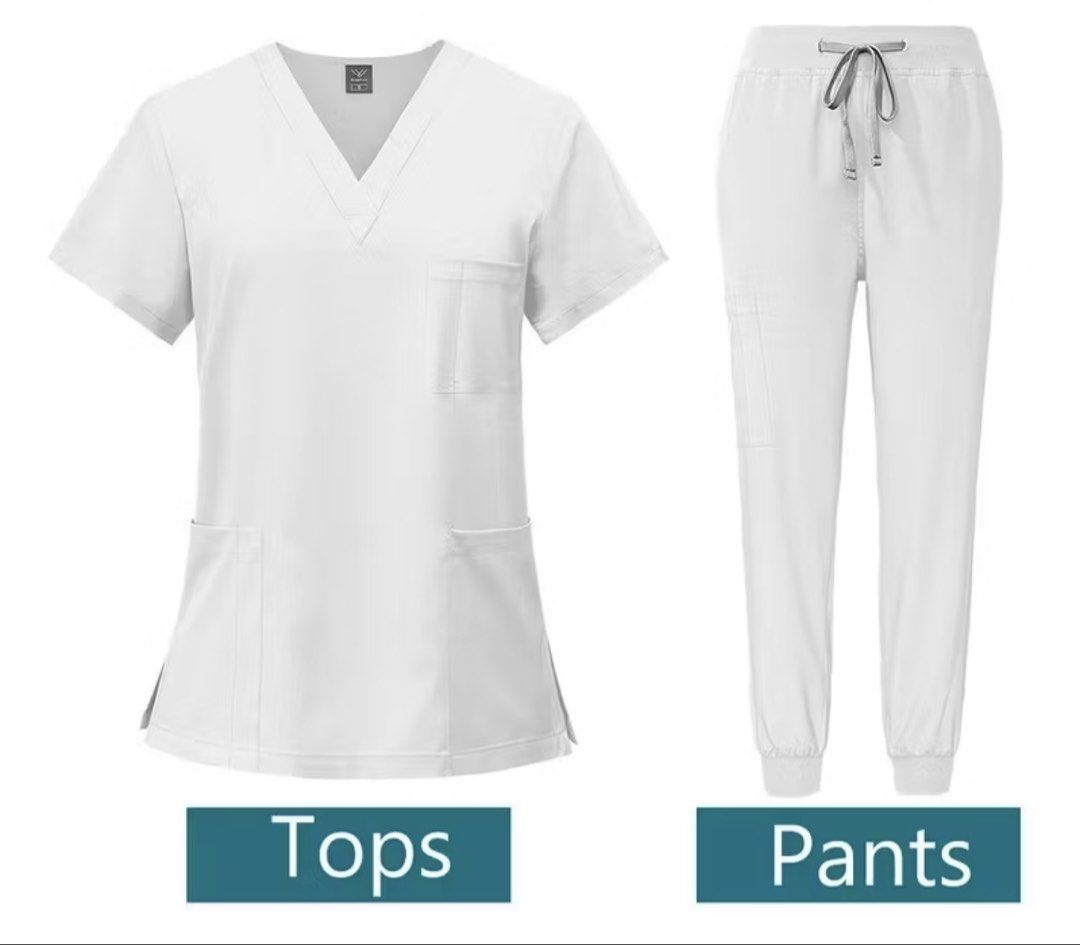 White V-Neck Scrub Set (Category: Sets or Coordinates) located in Magalang. Submitted by movingoutthings (Listing ID 1424010601, Image 1). Description: - White scrub set - V-neck top with chest and lower pockets - Drawstring waist pants with side pockets - Lightweight material - Ideal for medical professionals.