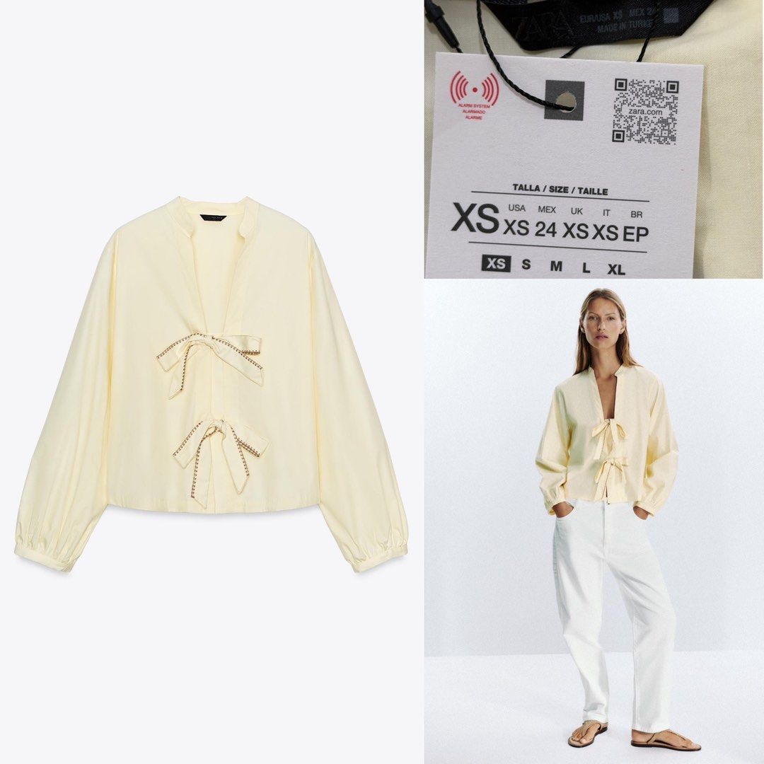 ZARA poplin shirt with ties (Category: Longsleeves) located in Malolos. Submitted by topicksph (Listing ID 1424132643, Image 1). Description: ZARA poplin shirt with ties size XS | Php 995 from Php 2,395-JPY3,590 This product is larger and shorter than usual. Model height: 177 cm Round neck, long sleeve shirt with a V-neck. Front tie fastening with marked topstitching. Composition: 74% cotton 23% polyester 3% elastane Brand new with tag Guaranteed