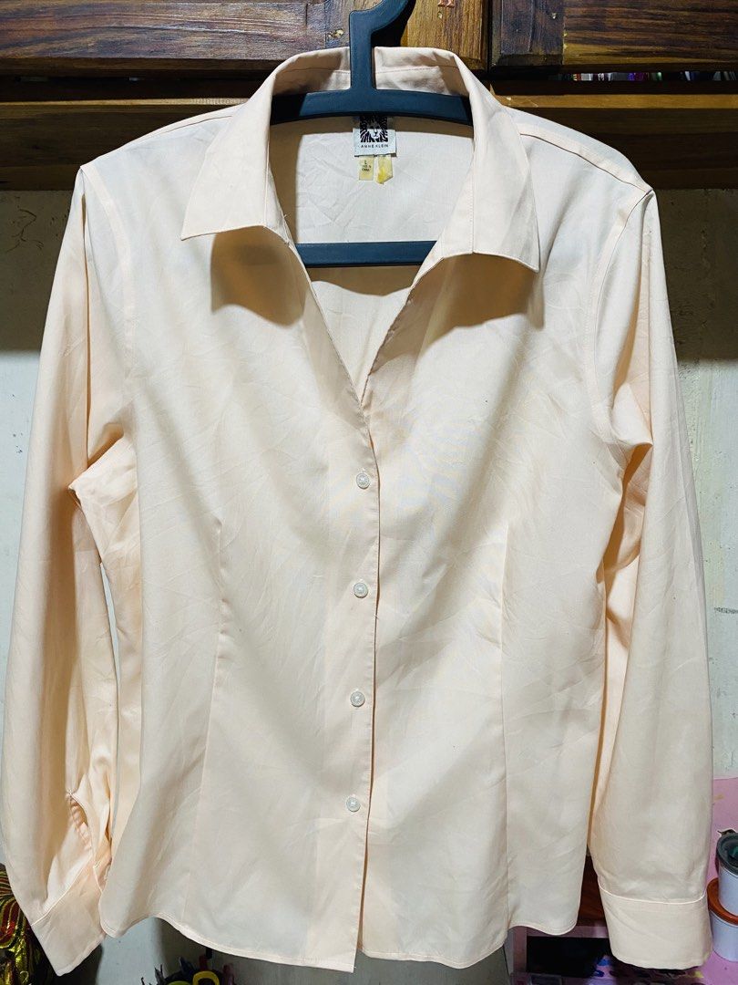 Anne Klein Peach Blouse - Size L (Category: Blouses) located in Baguio. Submitted by vanity_kimo (Listing ID 1425707058, Image 1). Description: Anne Klein blouse in a soft peach color. Features long sleeves with buttoned cuffs and a classic collar. The blouse has a button-down front. Made in China. Size L..