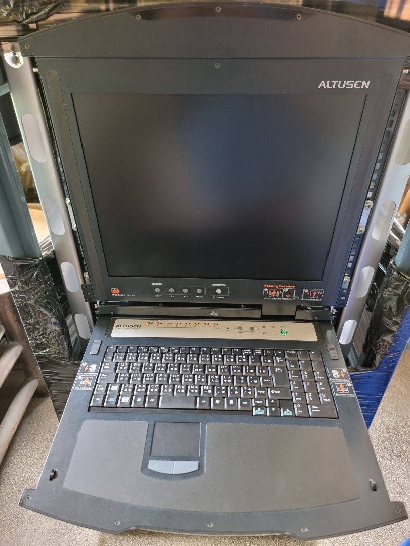 ATEN-KL9108-KVM-17inch-LCD-Rack Server-Console-switch (Category: Networking) located in Manila. Submitted by gamersone (Listing ID 1425660276, Image 2). Description: 8-Port 17in. Dual Rail IP LCD KVM Bundle https://www.aten.com/us/en/products/kvm/lcd-kvm-switches--consoles/kl9108mukit/ Lalamove or Pickup to test ALTUSEN KVM console with integrated keyboard, touchpad, and display. Features a black finish. The console is designed for rack mounting.