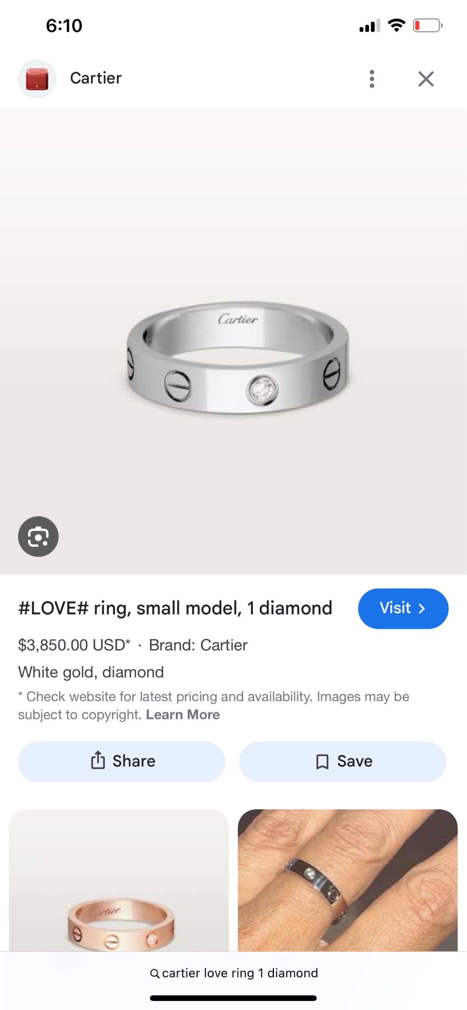 Auth Cartier Love ring, 1 diamond WG (Category: Rings) located in Quezon. Submitted by queenlux15 (Listing ID 1425654890, Image 1). Description: Authentic💯 CARTIER LOVE RING Diamond White gold Size 51 Cleaned at cartier GB Ring only with provided box Last price posted .
