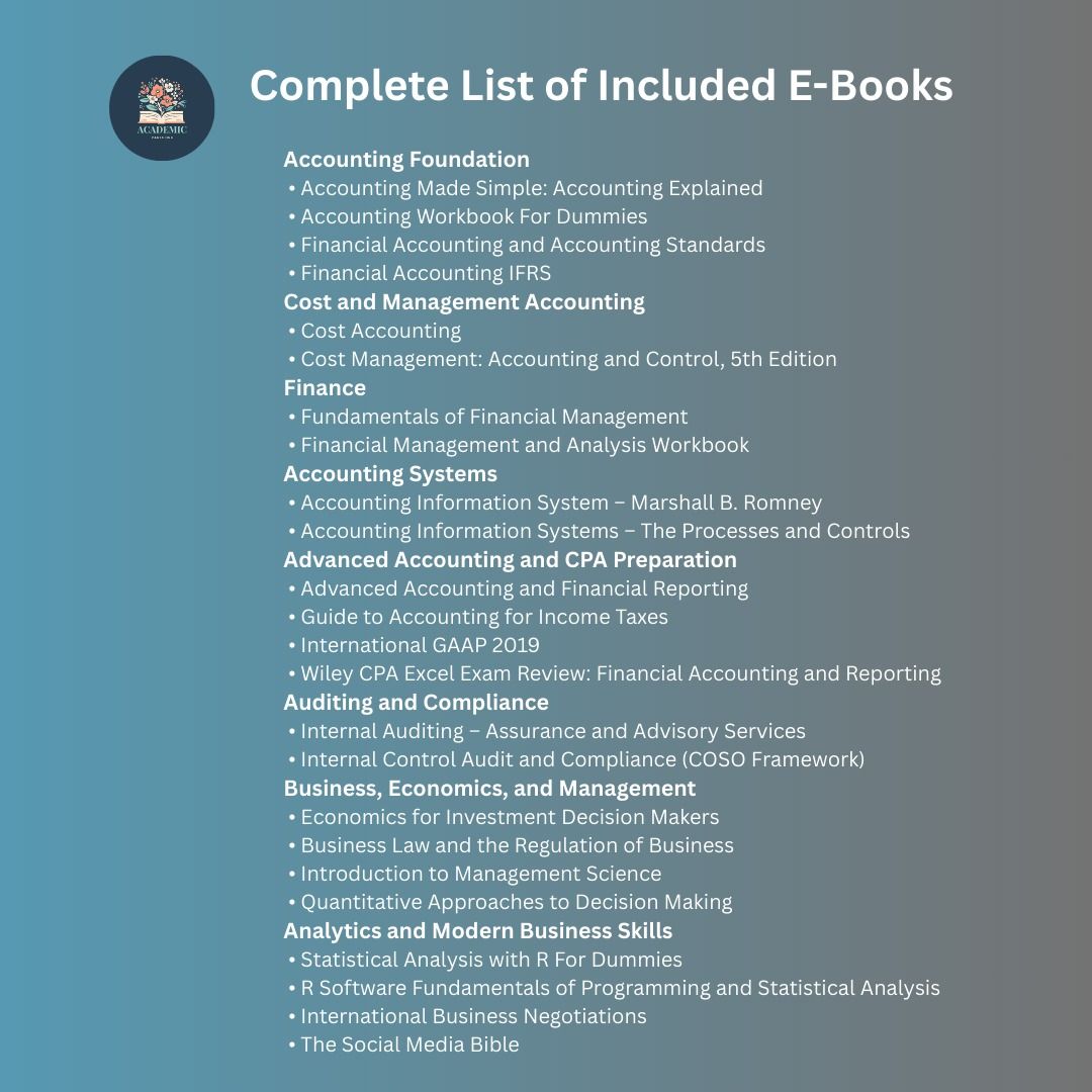 Complete Accountancy Course Collection E-Books (Beginner to CPA Level) (Category: Textbooks) located in Manila. Submitted by academic_966 (Listing ID 1425786042, Image 2). Description: Complete Accountancy Course Collection E-Books (Beginner to CPA Level) Master Accounting from Zero to Professional Level This Complete Accountancy Course Collection is a licensed digital bundle designed to help students, beginners, and future accountants build stro