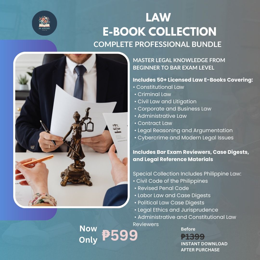 Complete Law Course Collection E-Books (Beginner to Bar Exam Level) (Category: Textbooks) located in Manila. Submitted by academic_966 (Listing ID 1425789768, Image 1). Description: Complete Law Course Collection E-Books (Beginner to Bar Exam Level) Master Legal Knowledge from Foundation to Professional Level This Complete Law Course Collection is a licensed digital bundle designed to help law students, bar exam candidates, criminology students, 