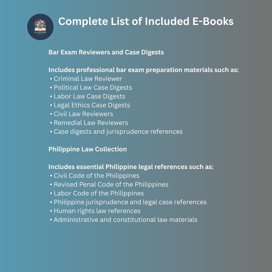 Complete Law Course Collection E-Books (Beginner to Bar Exam Level) (Category: Textbooks) located in Manila. Submitted by academic_966 (Listing ID 1425789768, Image 3). Description: Complete Law Course Collection E-Books (Beginner to Bar Exam Level) Master Legal Knowledge from Foundation to Professional Level This Complete Law Course Collection is a licensed digital bundle designed to help law students, bar exam candidates, criminology students, 