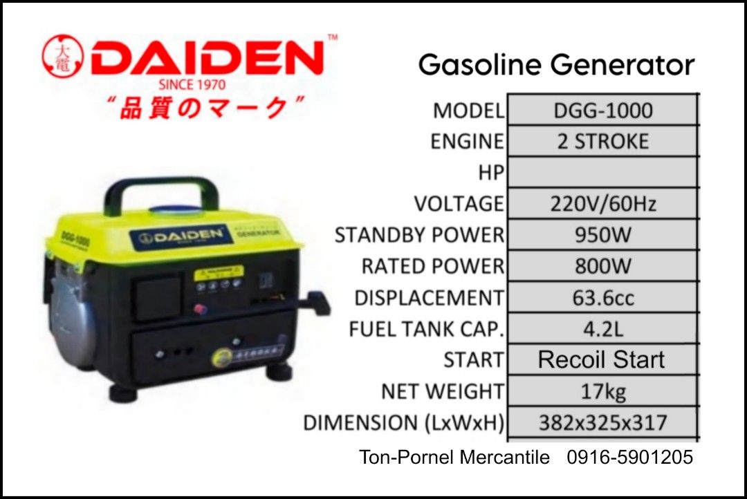 Daiden DGG-1000 Gasoline Generator (Category: Construction Tools & Equipment) located in Manila. Submitted by tonpornel (Listing ID 1425675933, Image 1). Description: DAIDEN 950W Gasoline Generator Ton-Pornel Mercantile • We supply Powertools, Hardware tools, Plumbing, Paints, Electrical and Construction materials • We offer Paint Mixing and Powertools Repair Visit us: 38 Marcos Highway Mayamot, Antipolo City https://maps.google.com/?cid=13842300
