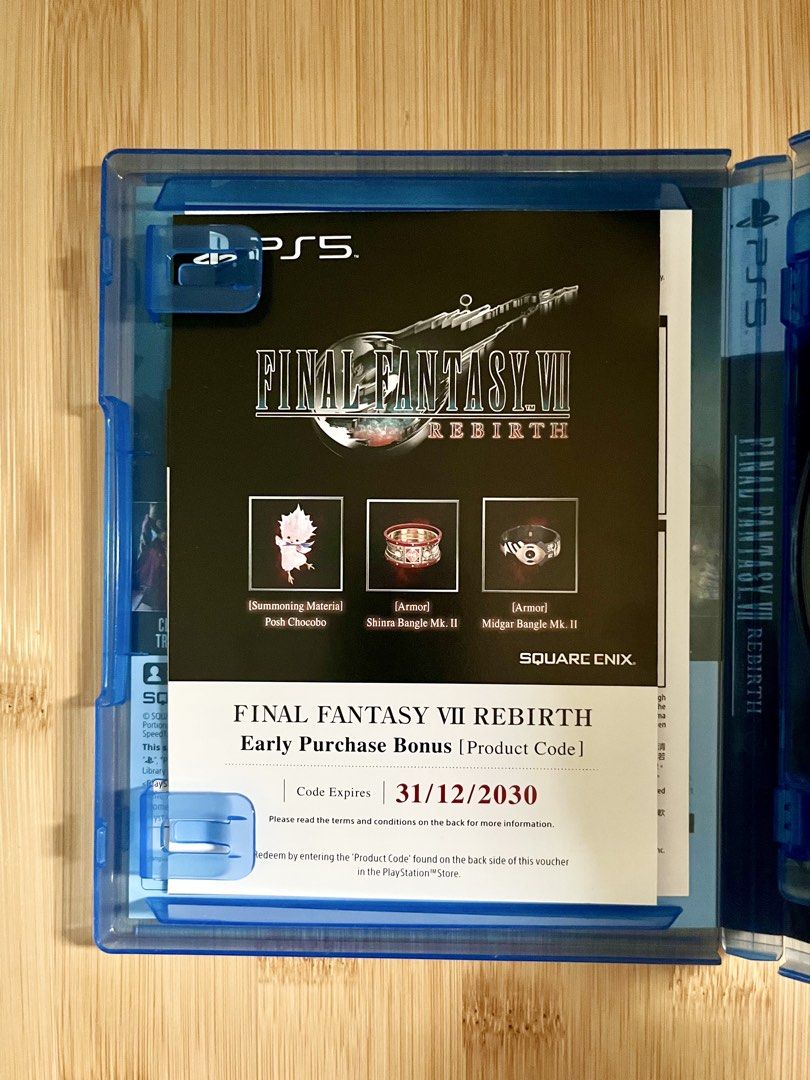 Final Fantasy VII Rebirth - PS5 with early purchase bonus code (Category: PlayStation) located in Taytay. Submitted by runapurr (Listing ID 1425710849, Image 3). Description: Final Fantasy VII Rebirth - PS5 used once, like new Early purchase bonus code not yet redeemed/used 📍Pampanga.